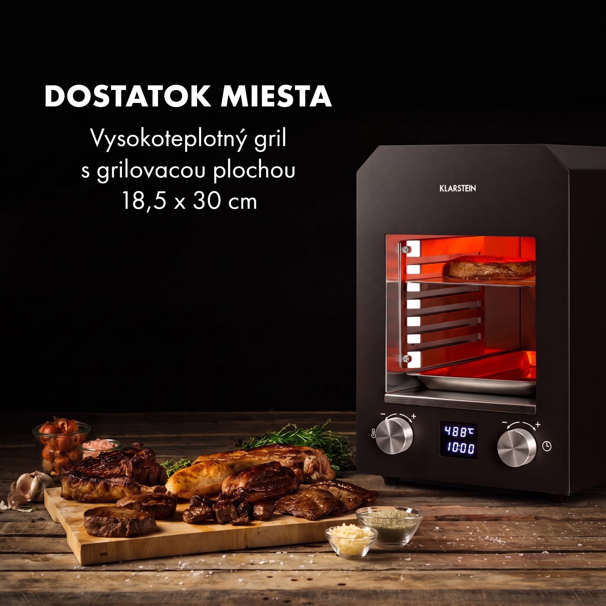 Klarstein Hannibal, vysokoteplotný gril, 2200 W, 850 °C, interiérový, nehrdzavejúca oceľ, čierny – Obrázok 2