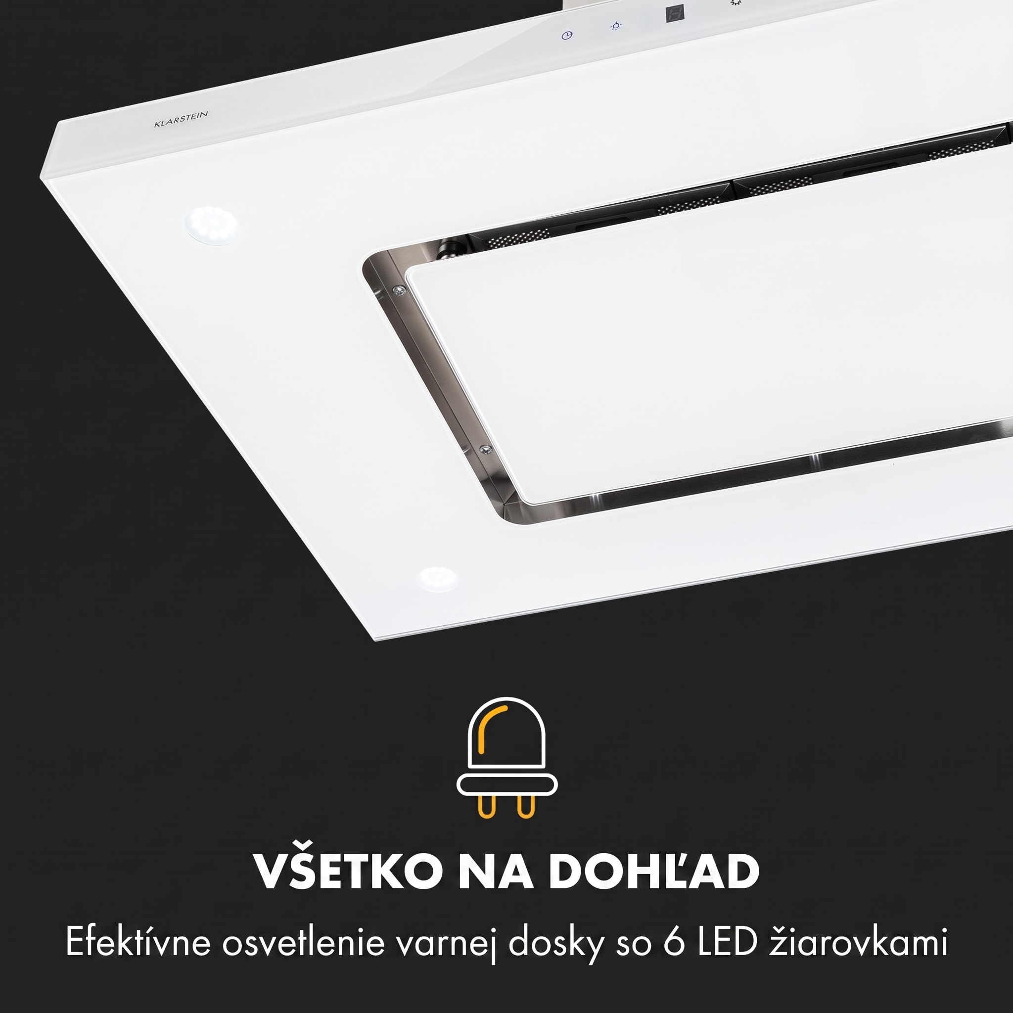 Klarstein Valeria, digestor, 90 cm, ostrovčekový, 642 m³/h, dotykový panel, LED, sklo, nehrdzavejúca oceľ, biely – Obrázok 3