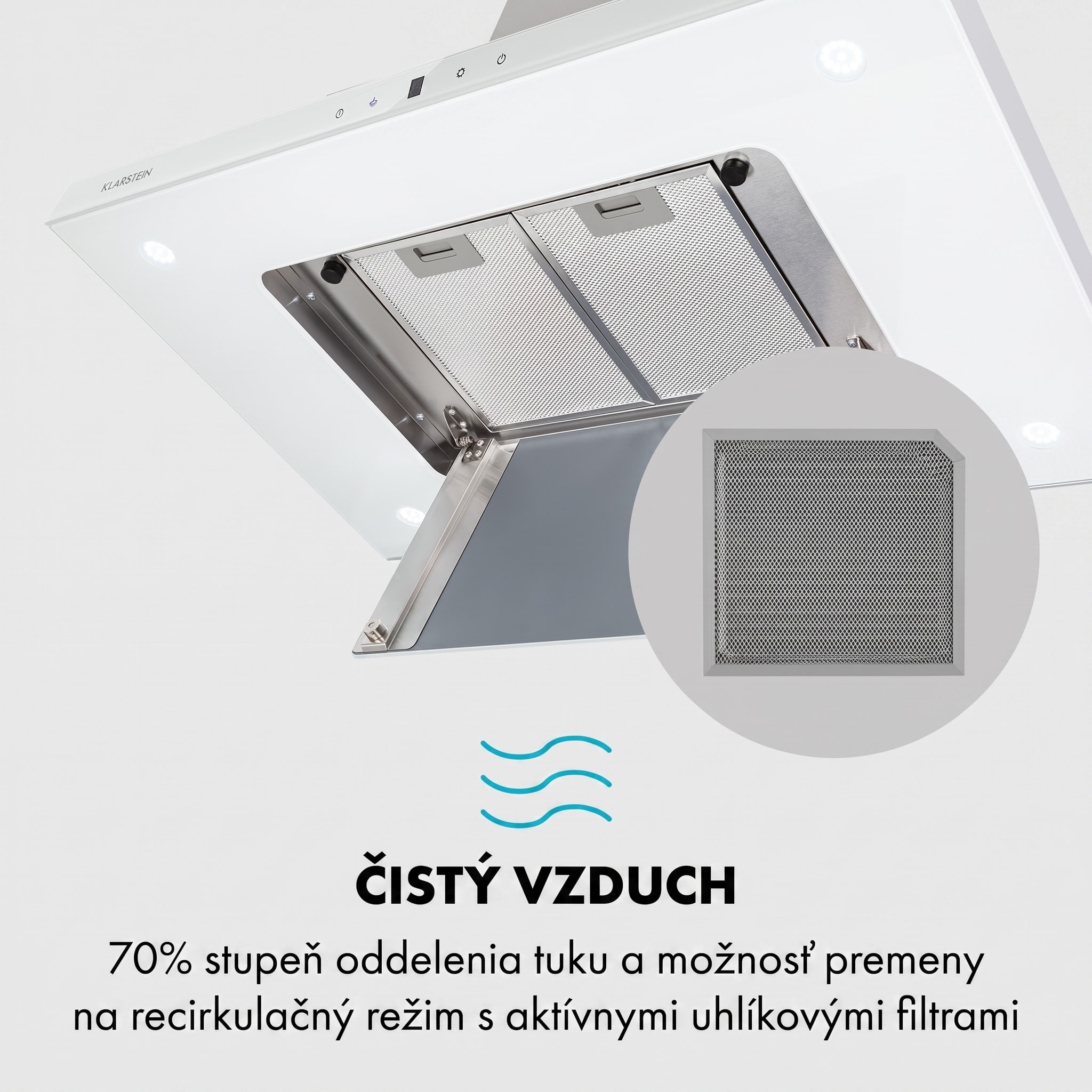 Klarstein Valeria, digestor, 90 cm, ostrovčekový, 642 m³/h, dotykový panel, LED, sklo, nehrdzavejúca oceľ, biely – Obrázok 4