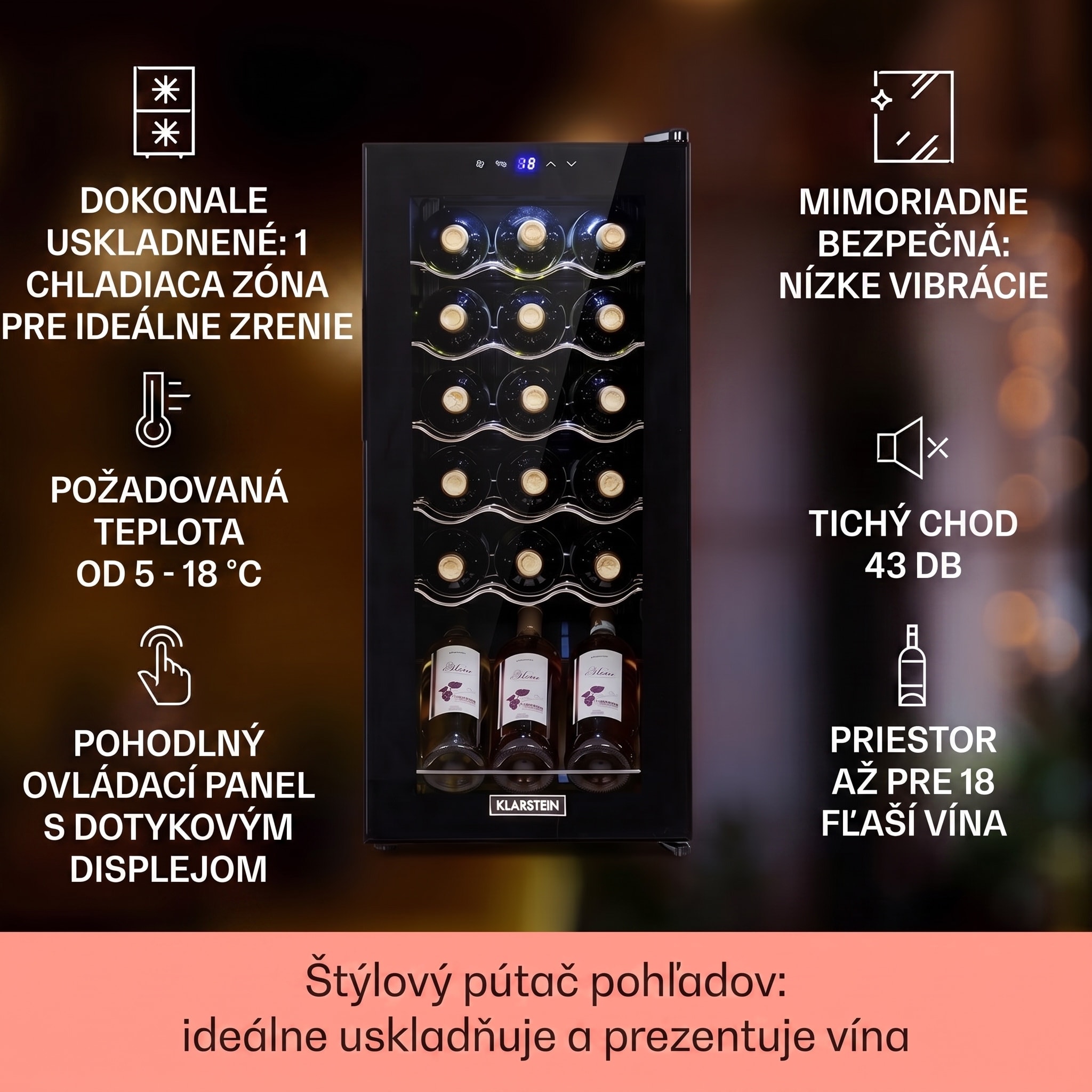 Klarstein Shiraz 18 Uno, vinotéka, 50 l, 18 fliaš, 5-18°C, dotykový ovládací panel – Obrázok 2