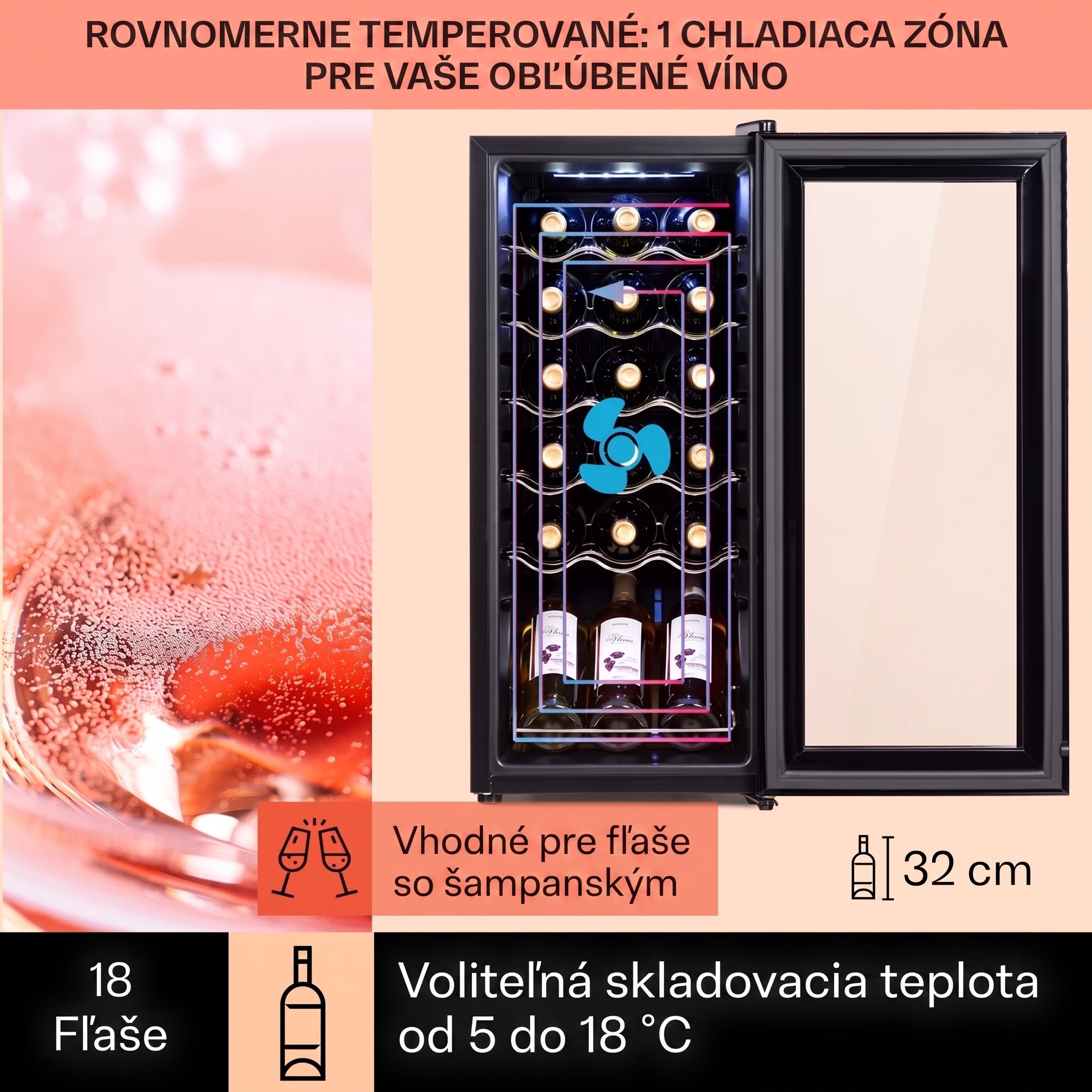 Klarstein Shiraz 18 Uno, vinotéka, 50 l, 18 fliaš, 5-18°C, dotykový ovládací panel – Obrázok 3