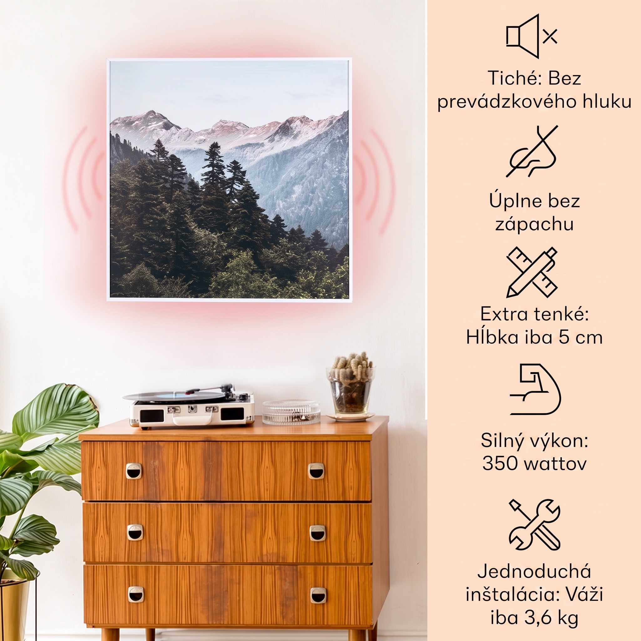 Klarstein Wonderwall Air Art Smart, infračervený ohrievač, 60 x 60 cm, 350 W, aplikácia, hora – Obrázok 2