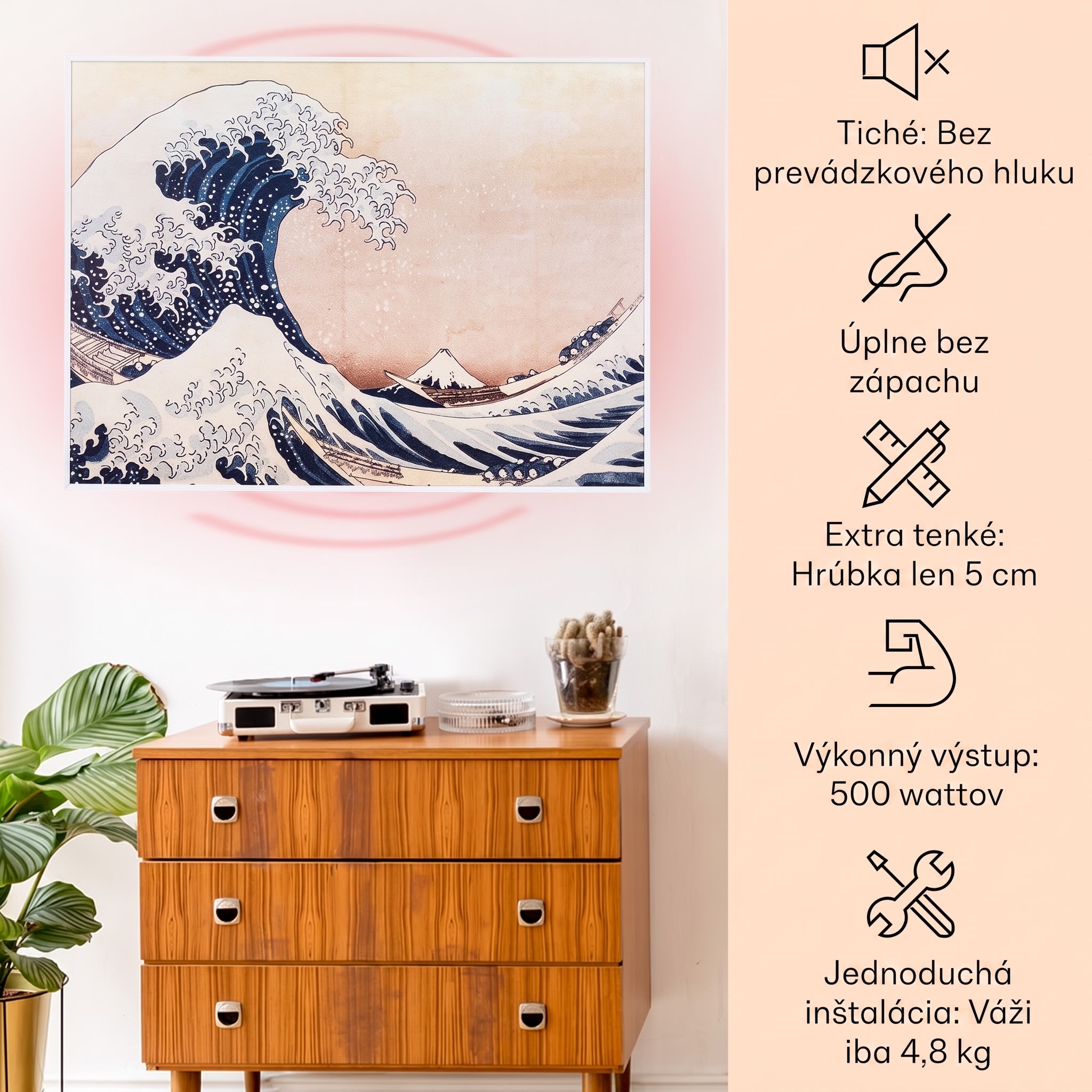 Klarstein Wonderwall Air Art Smart, infračervený ohrievač, 80 x 60 cm, 500 W, modré vlny – Obrázok 2