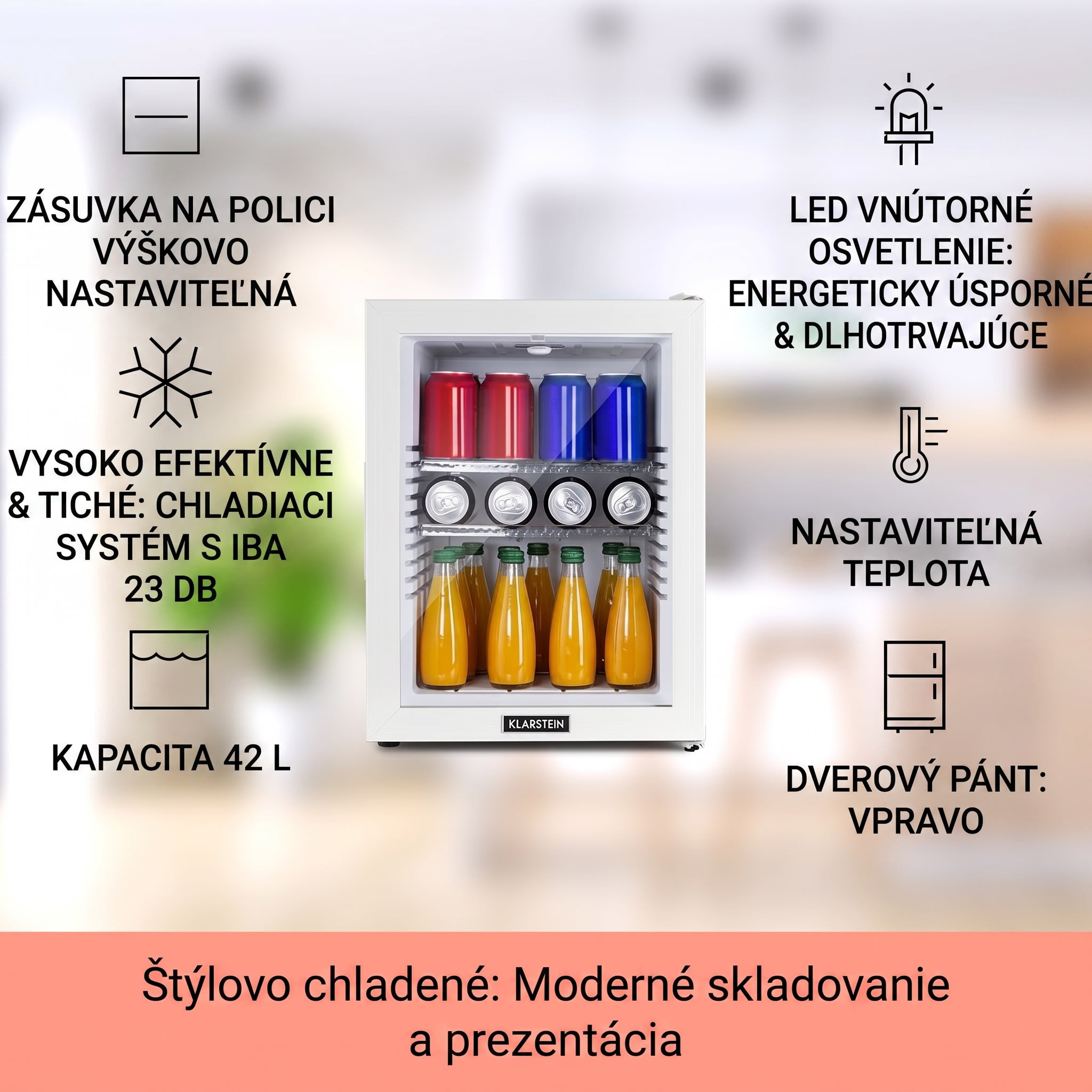 Klarstein Brooklyn 42, mini chladnička, sklenené dvere, LED osvetlenie, police – Obrázok 2