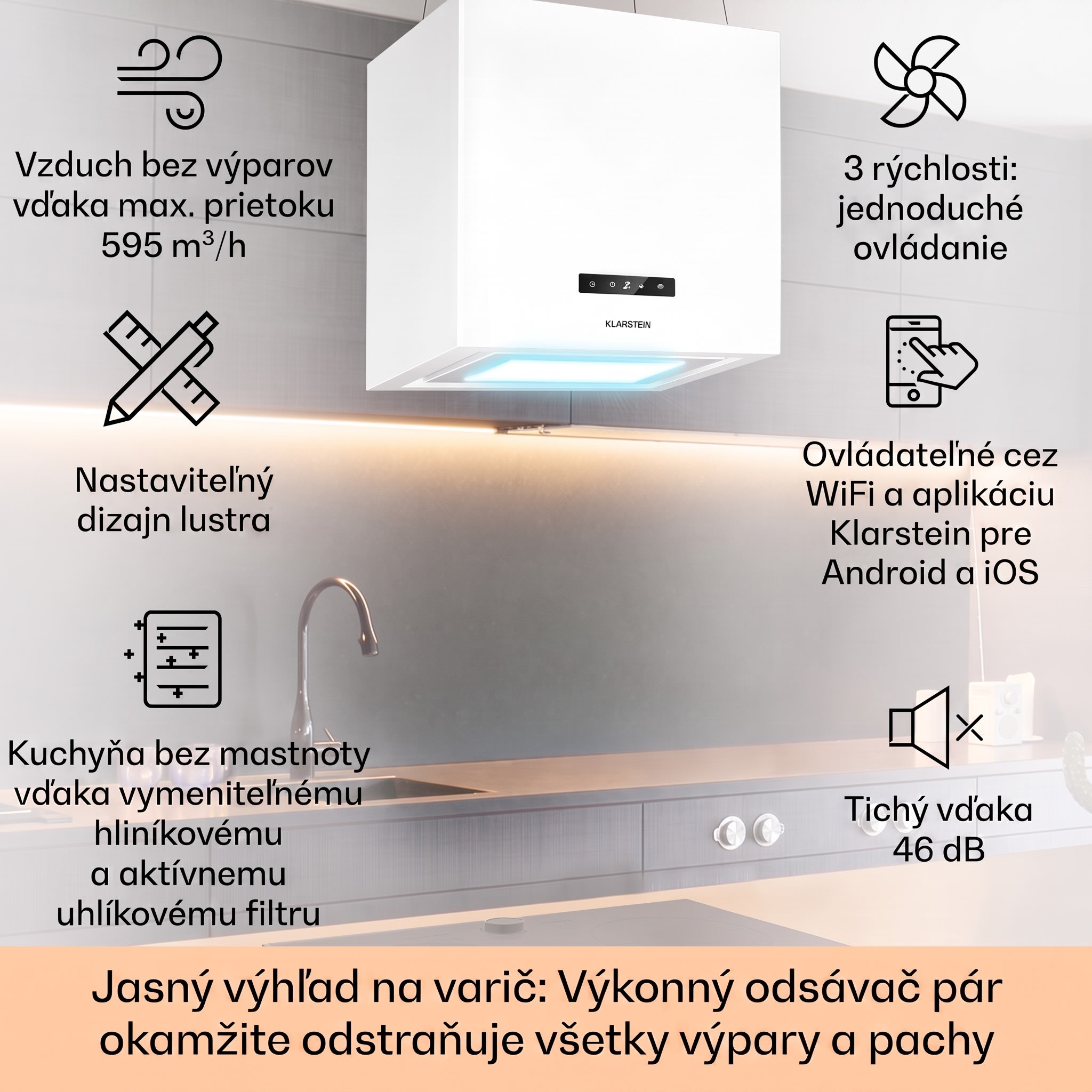 Klarstein Kronleuchter Smart ostrovná digestorová kapucňa 595 m³/h, ovládanie cez aplikáciu, LED panel – Obrázok 2
