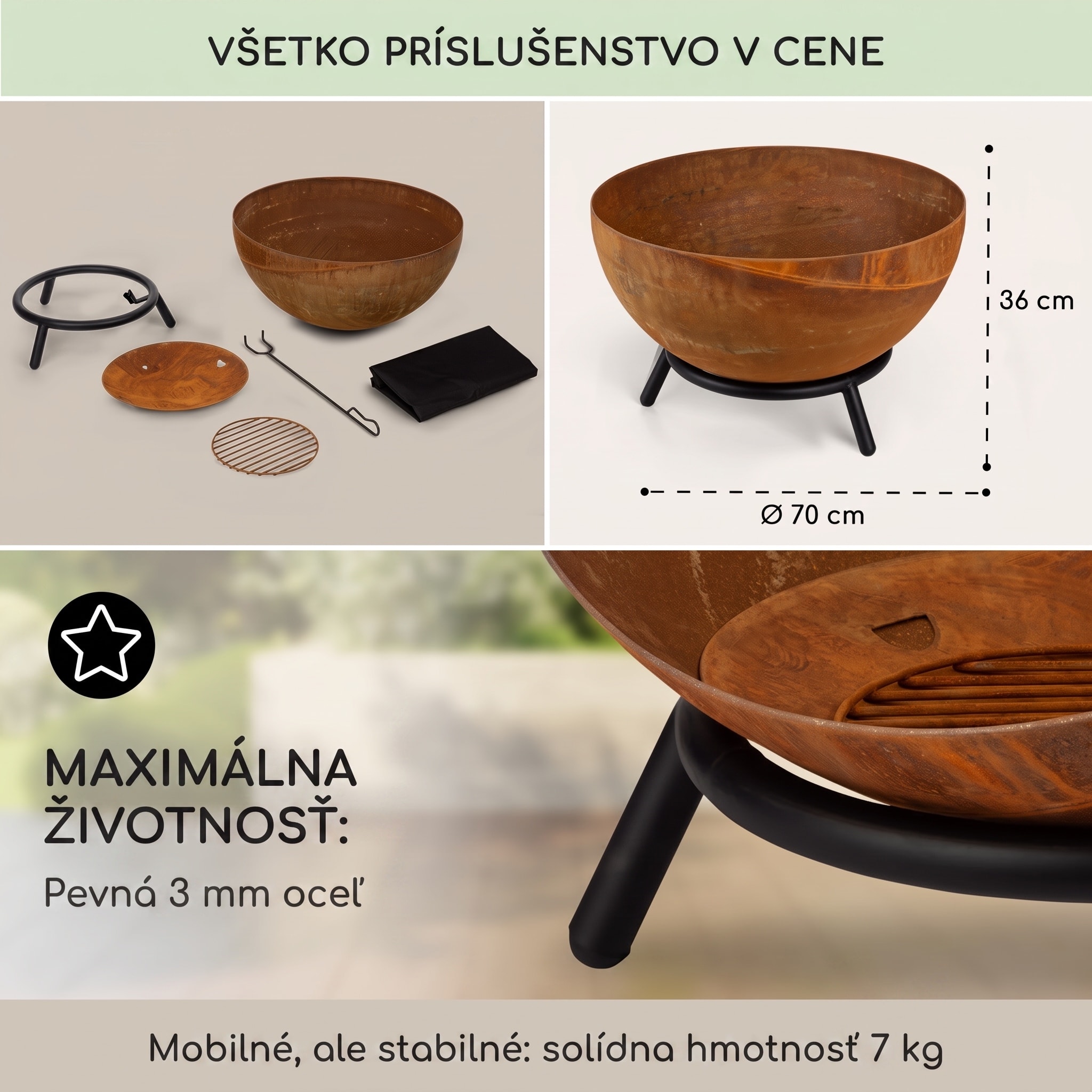 Blumfeldt Fireball Rust, ohnisko, Ø 60 cm, výklopný rošt, hrdzavý vzhľad – Obrázok 5