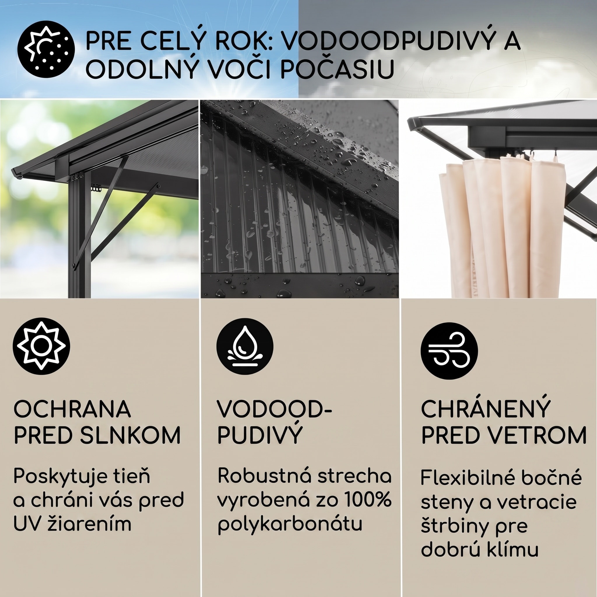 Blumfeldt Pantheon Solid Sky Ambient Solar, altánok, sivá strecha, 3 x 3 m, polykarbonát, hliník – Obrázok 2