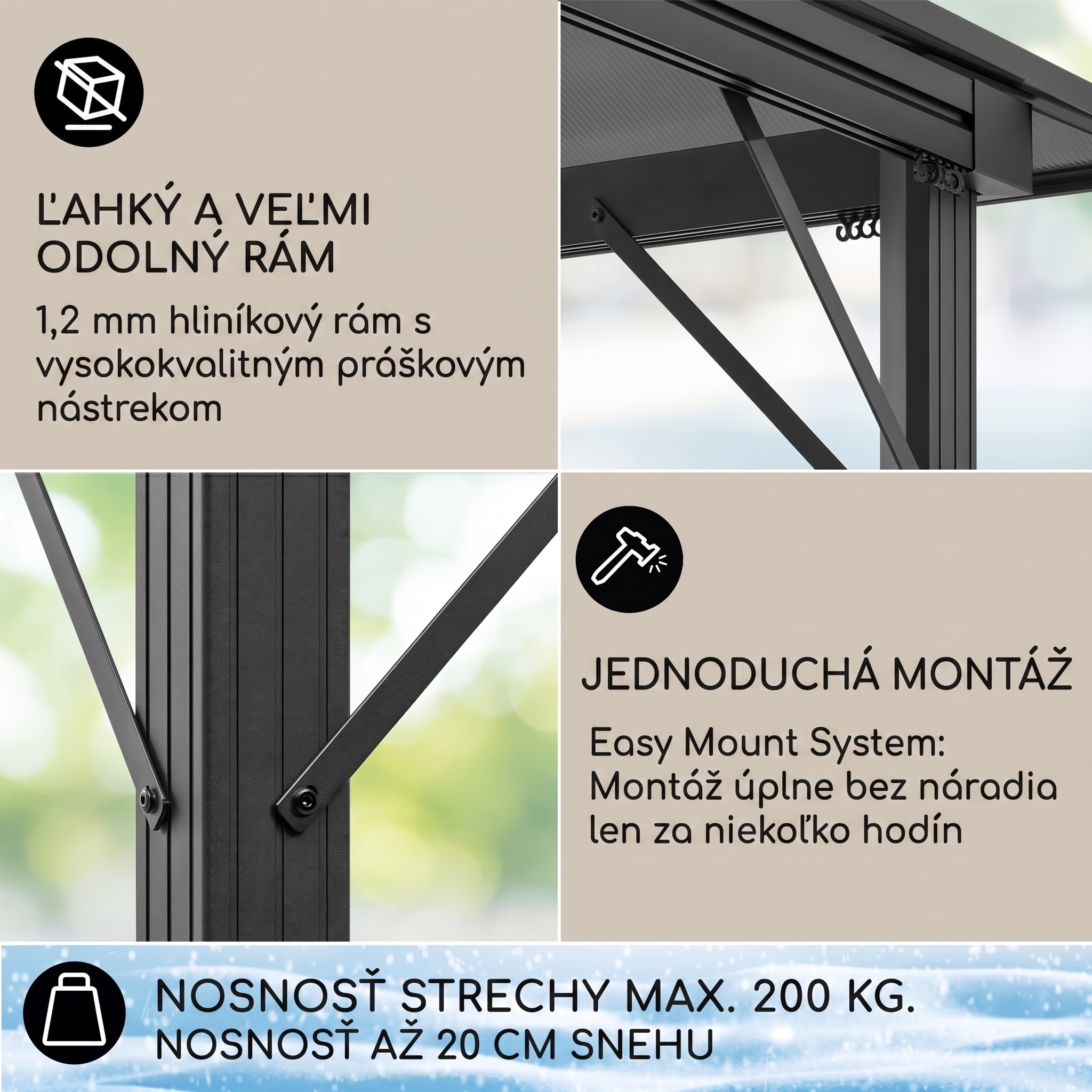 Blumfeldt Pantheon Solid Sky Ambient Solar, altánok, sivá strecha, 3 x 3 m, polykarbonát, hliník – Obrázok 3