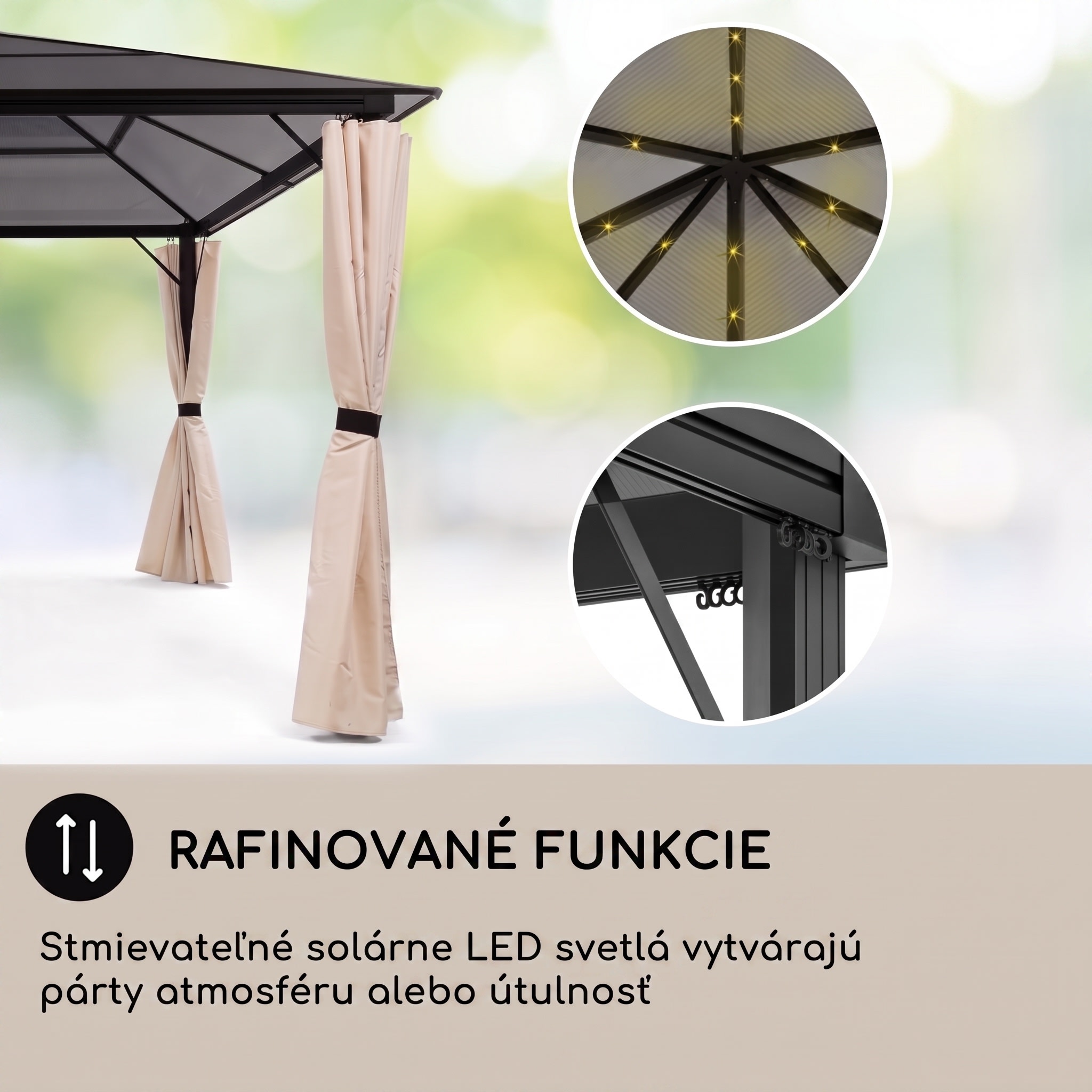 Blumfeldt Pantheon Solid Sky Ambient Solar, altánok, sivá strecha, 3 x 3 m, polykarbonát, hliník – Obrázok 5
