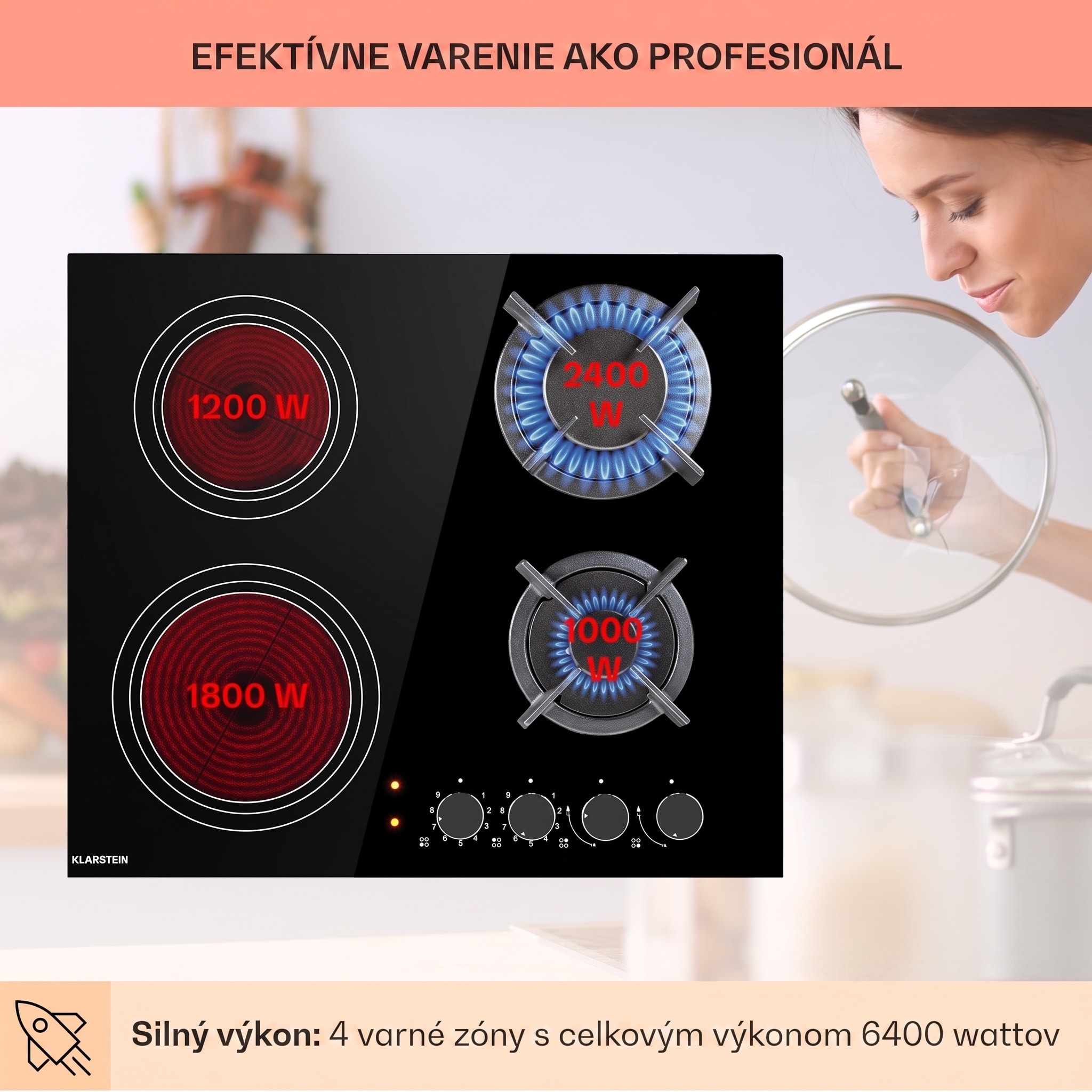 Klarstein MultiChef 4, kombinovaná plynová varná doska, 4 zóny, plyn/sklokeramika – Obrázok 3