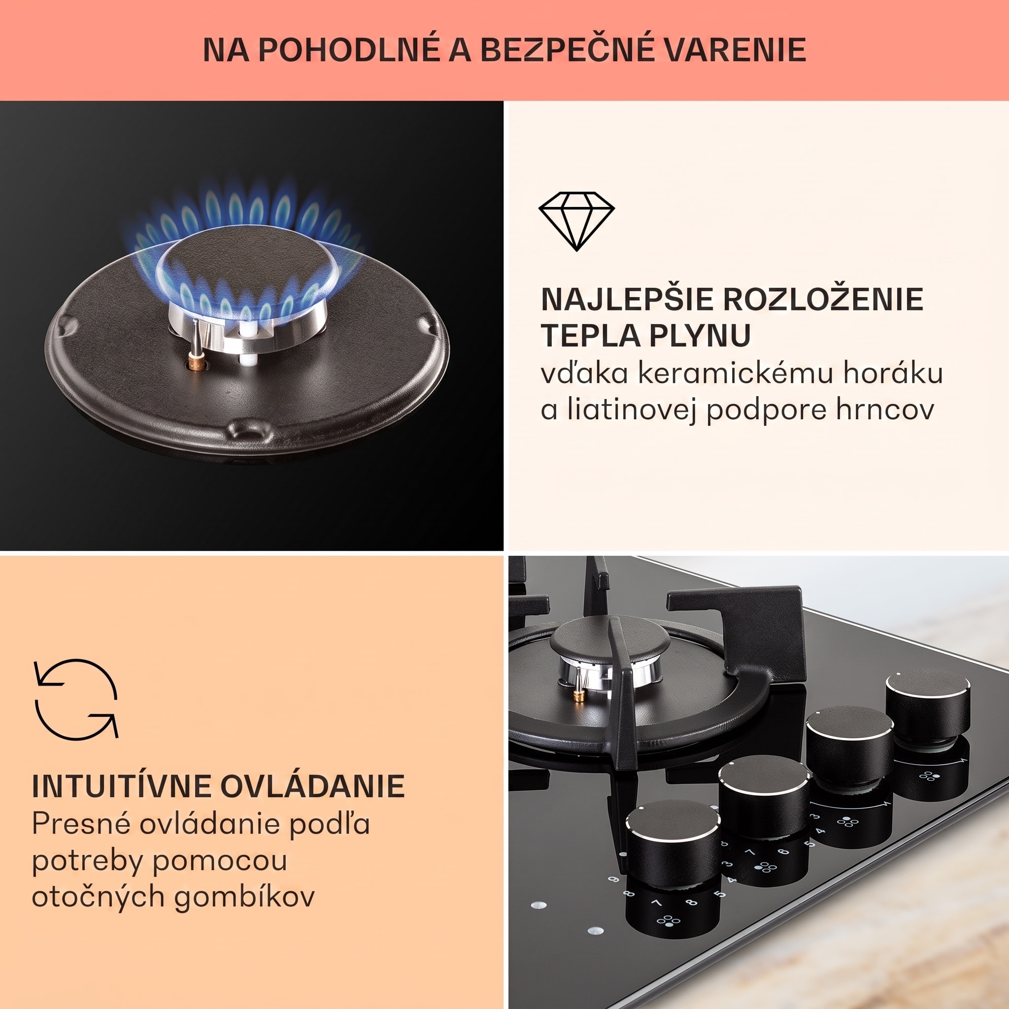 Klarstein MultiChef 4, kombinovaná plynová varná doska, 4 zóny, plyn/sklokeramika – Obrázok 4