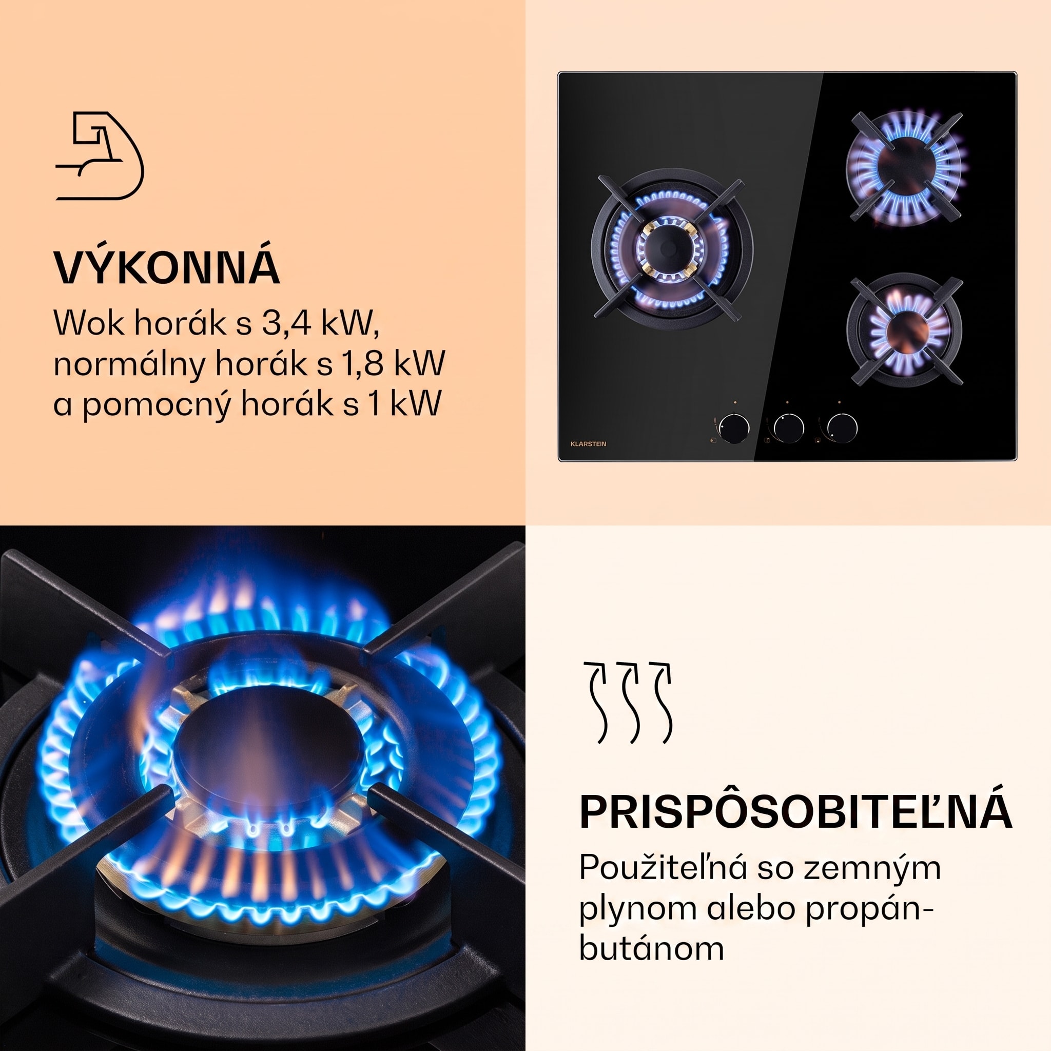 Klarstein Goldflame 3, plynová varná doska, 3 Messing horáky, sklokeramika – Obrázok 4