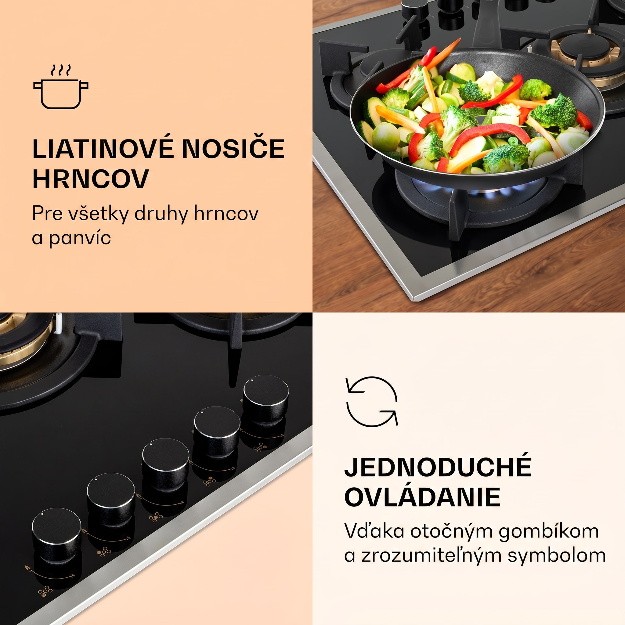 Klarstein Goldflame 5 Prime, plynová varná doska, 5 Messing horákov, sklokeramika – Obrázok 3