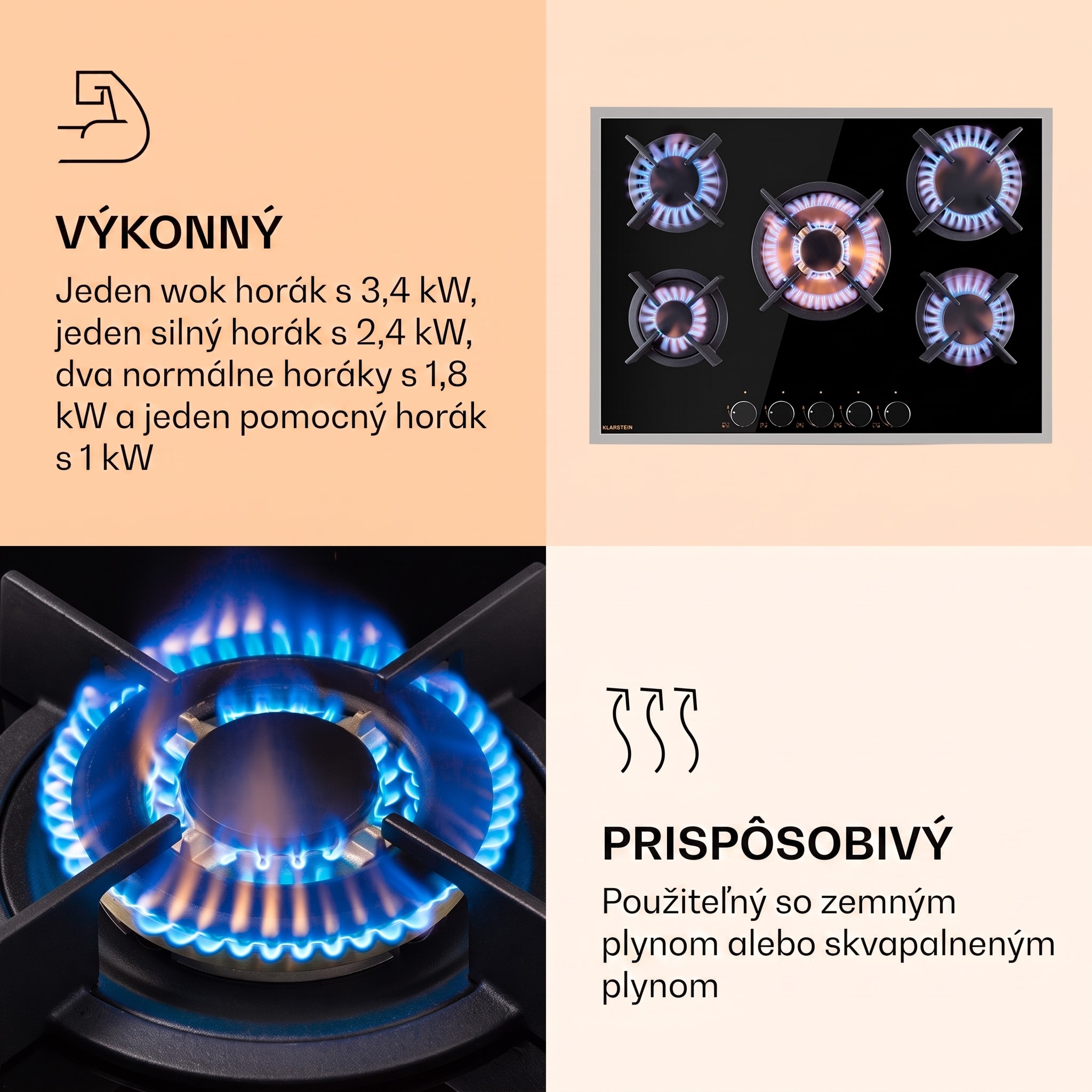 Klarstein Goldflame 5 Prime, plynová varná doska, 5 Messing horákov, sklokeramika – Obrázok 4