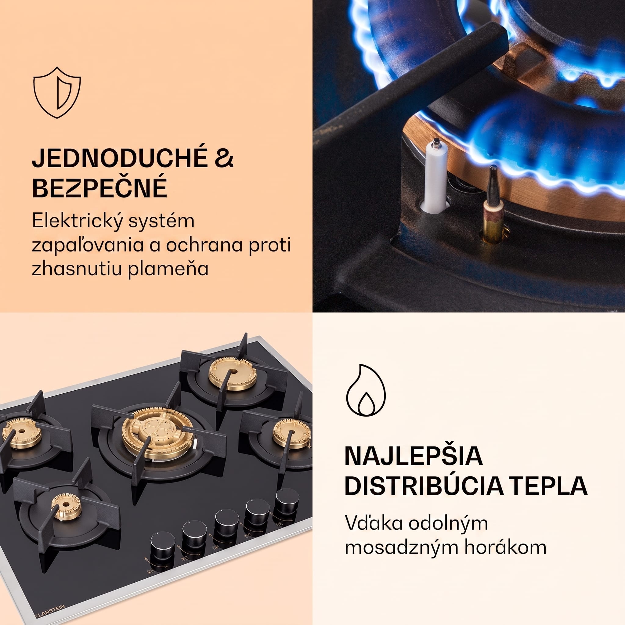 Klarstein Goldflame 5 Prime, plynová varná doska, 5 Messing horákov, sklokeramika – Obrázok 5