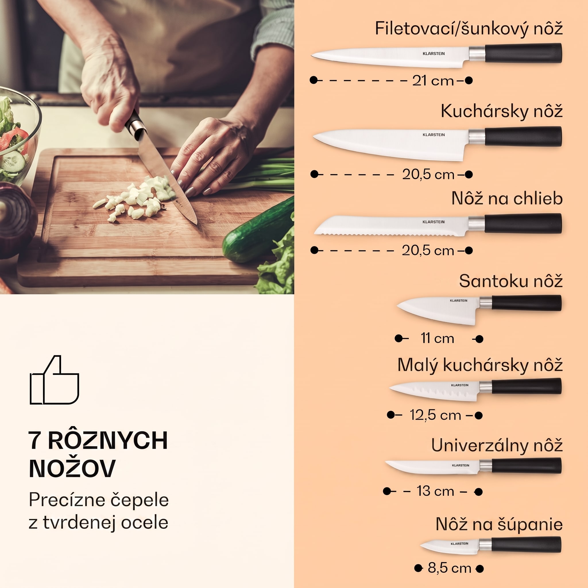 Klarstein Kitano, sada nožov s blokom, 8-dielna, 7 nožov, oceľ, luxusný drevený blok – Obrázok 4