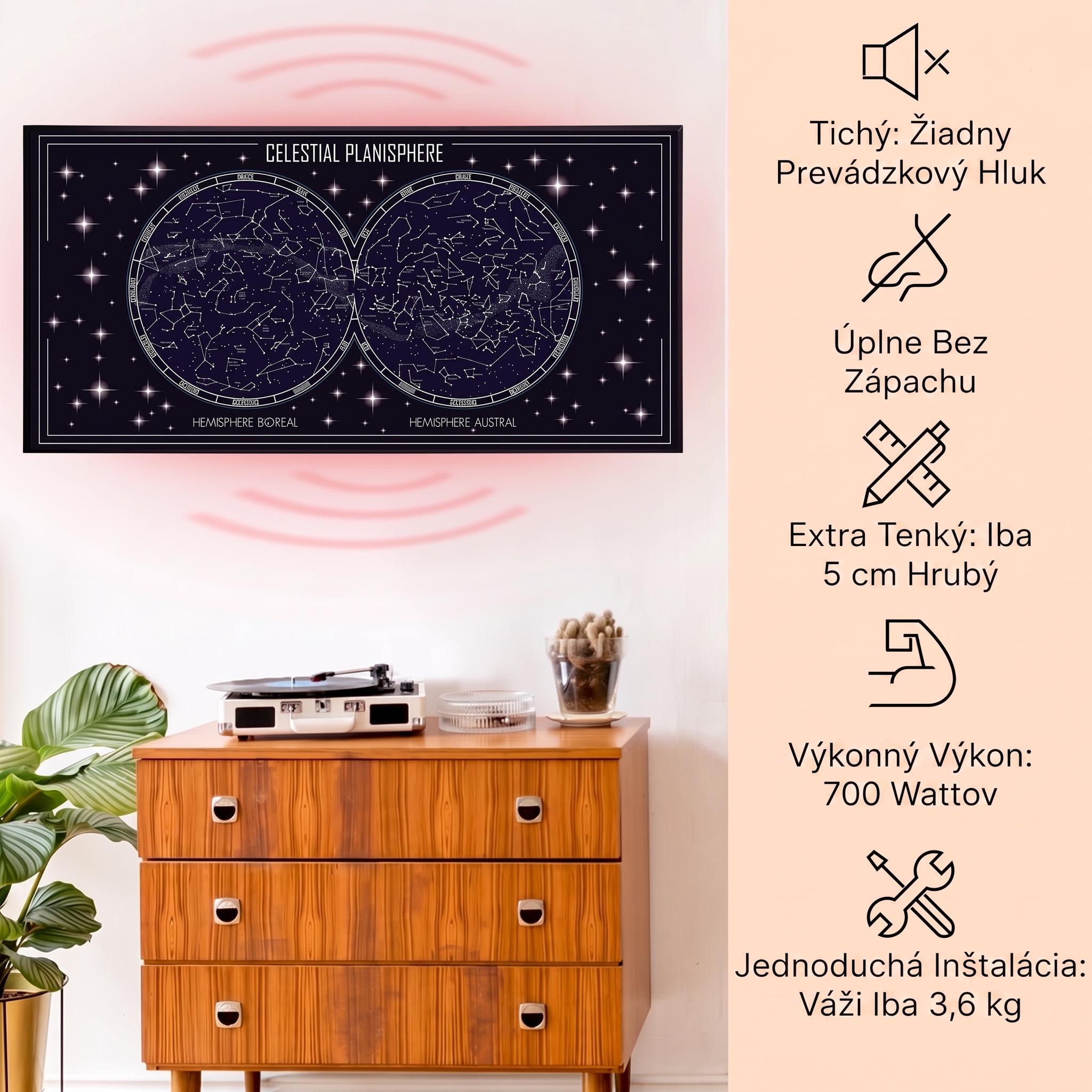 Klarstein Wonderwall Air Art Smart, infračervený ohrievač, 120 x 60 cm, 700 W, mapa oblohy – Obrázok 2