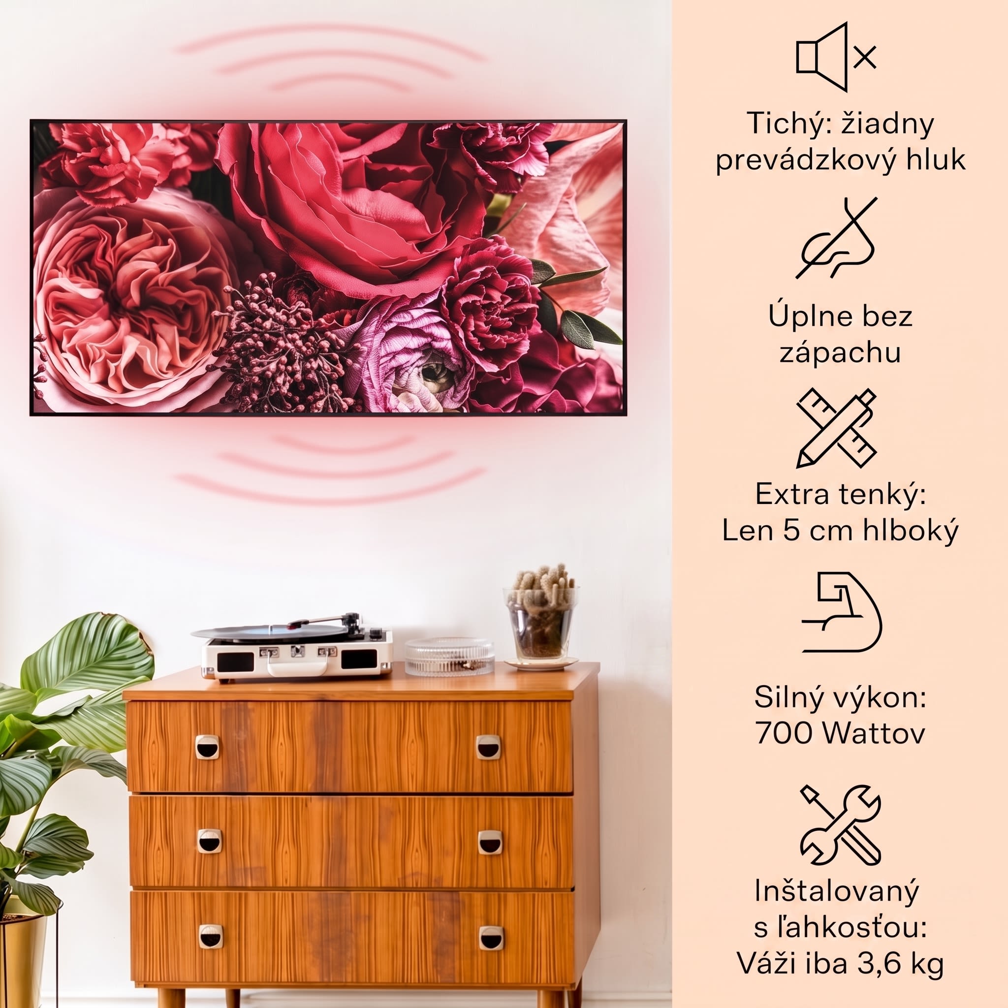 Klarstein Wonderwall Air Art Smart, infračervený ohrievač, 120 x 60 cm, 700 W, kvet – Obrázok 2