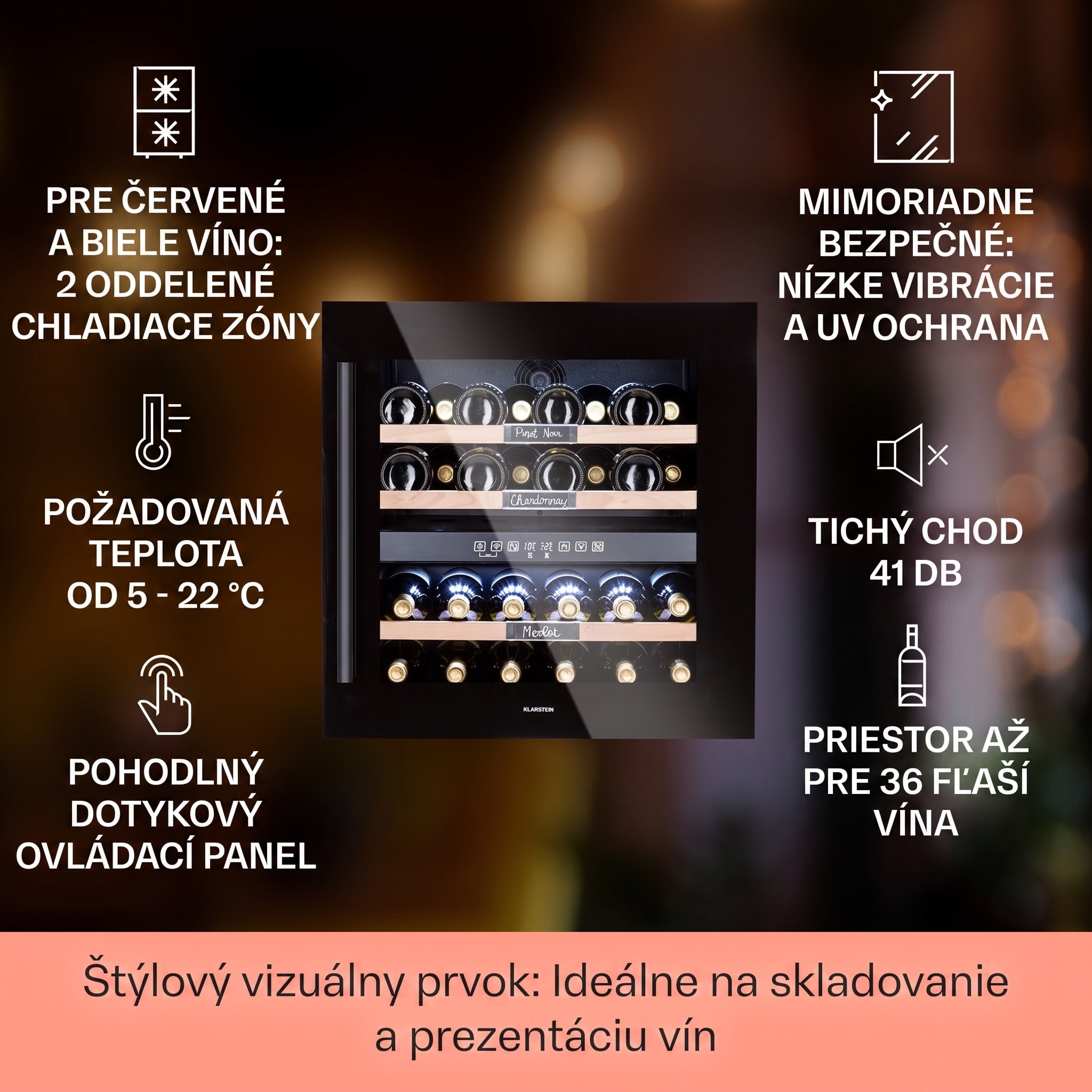 Klarstein Vinsider 36 Onyx Edition, vinotéka, 85 l, 5-22°C, 2 zóny – Obrázok 2