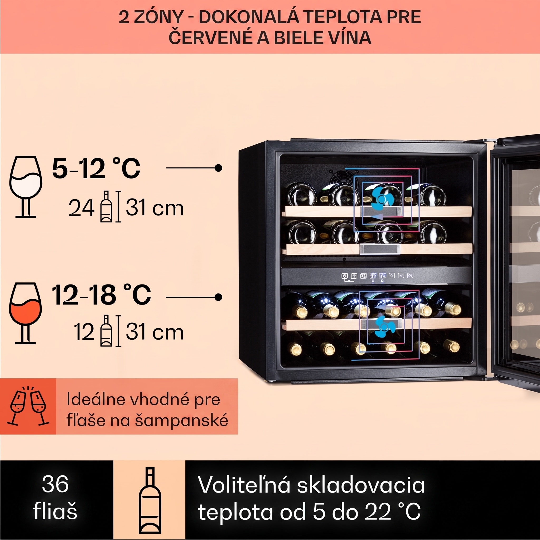 Klarstein Vinsider 36 Onyx Edition, vinotéka, 85 l, 5-22°C, 2 zóny – Obrázok 3
