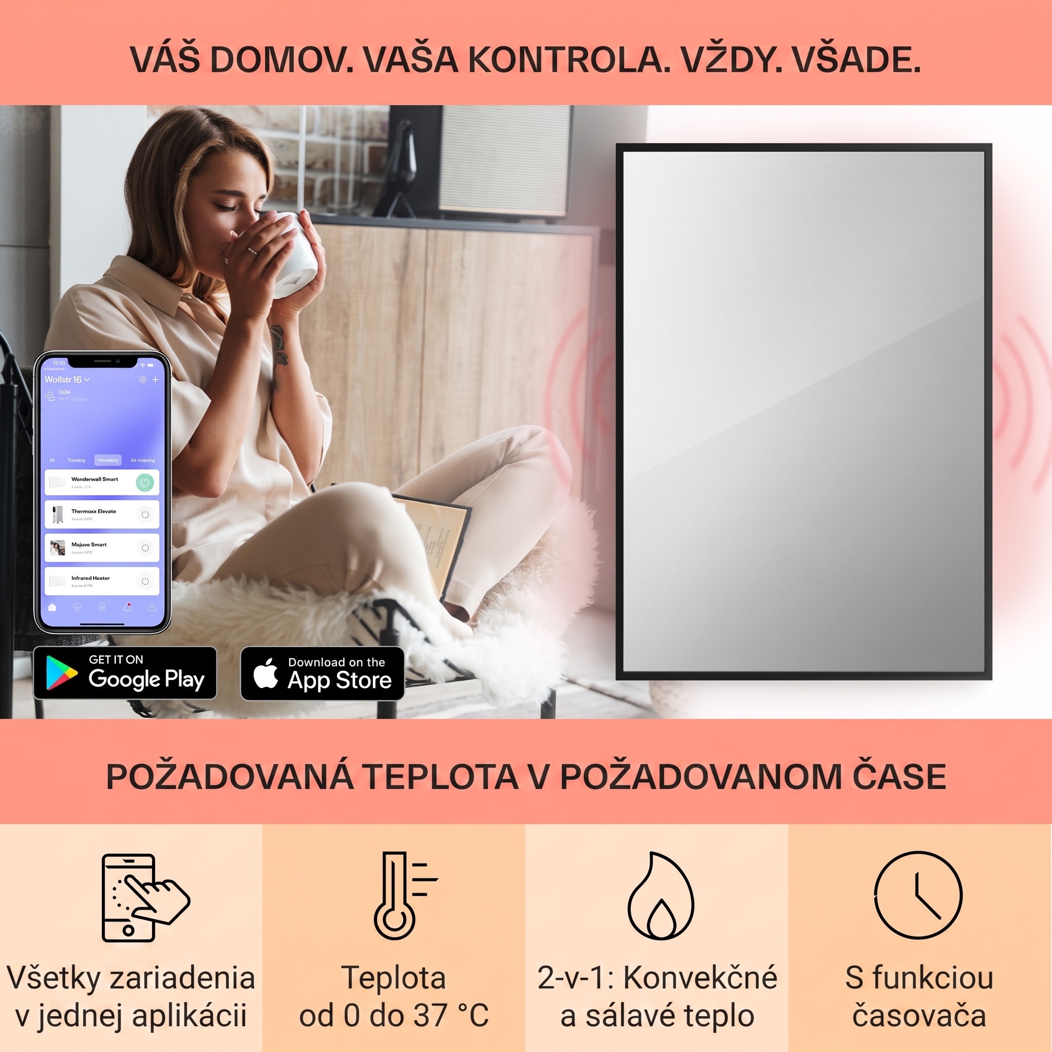 Klarstein La Palma 750 smart, infračervený ohrievač 2 v 1, 85 x 60 cm, 750W, zrkadlová predná časť – Obrázok 3