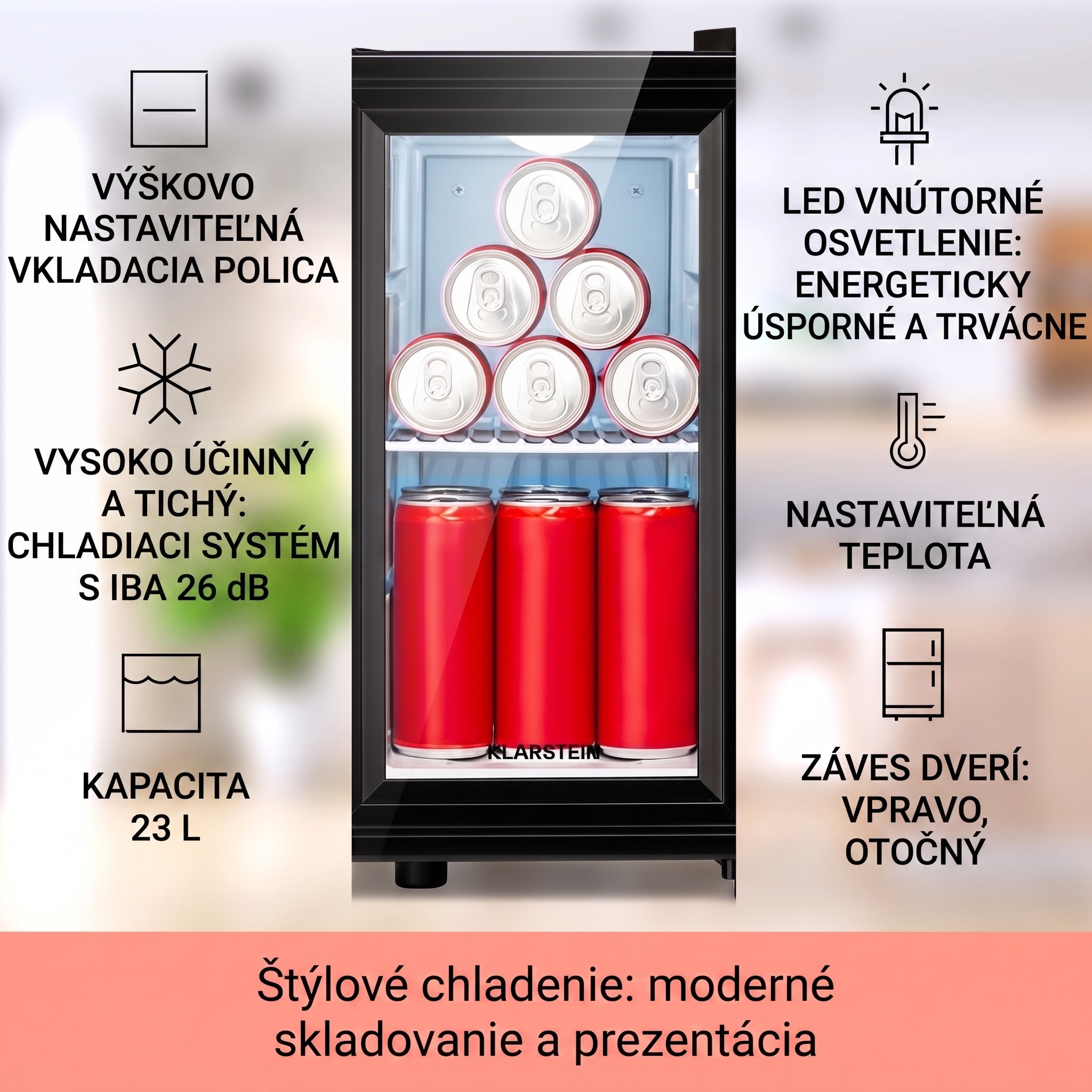 Klarstein Brooklyn 23 Slim, chladnička, LED, plastová vložka, sklenené dvierka – Obrázok 2