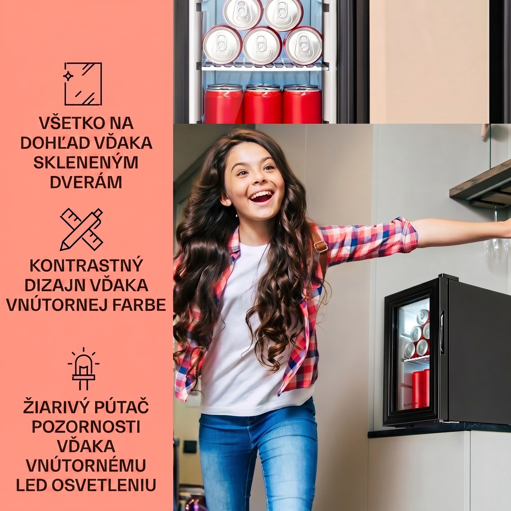 Klarstein Brooklyn 23 Slim, chladnička, LED, plastová vložka, sklenené dvierka – Obrázok 3