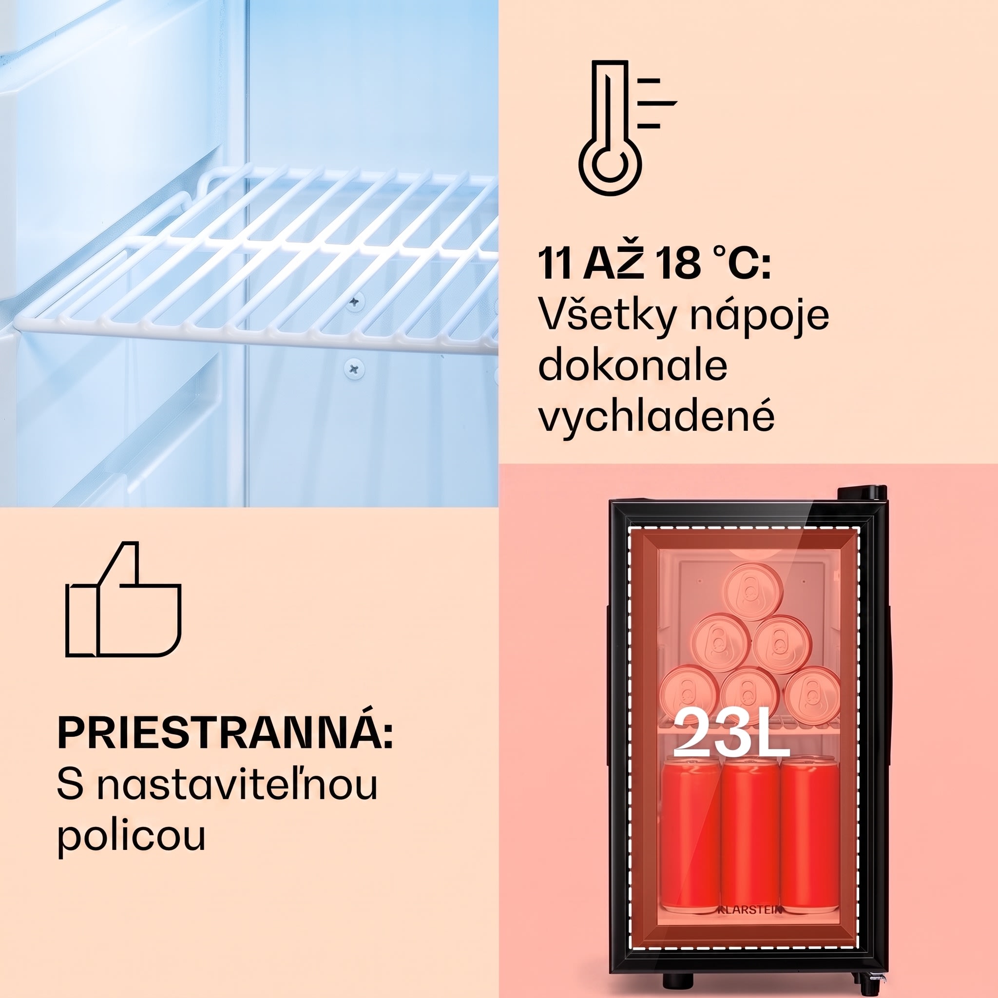 Klarstein Brooklyn 23 Slim, chladnička, LED, plastová vložka, sklenené dvierka – Obrázok 4