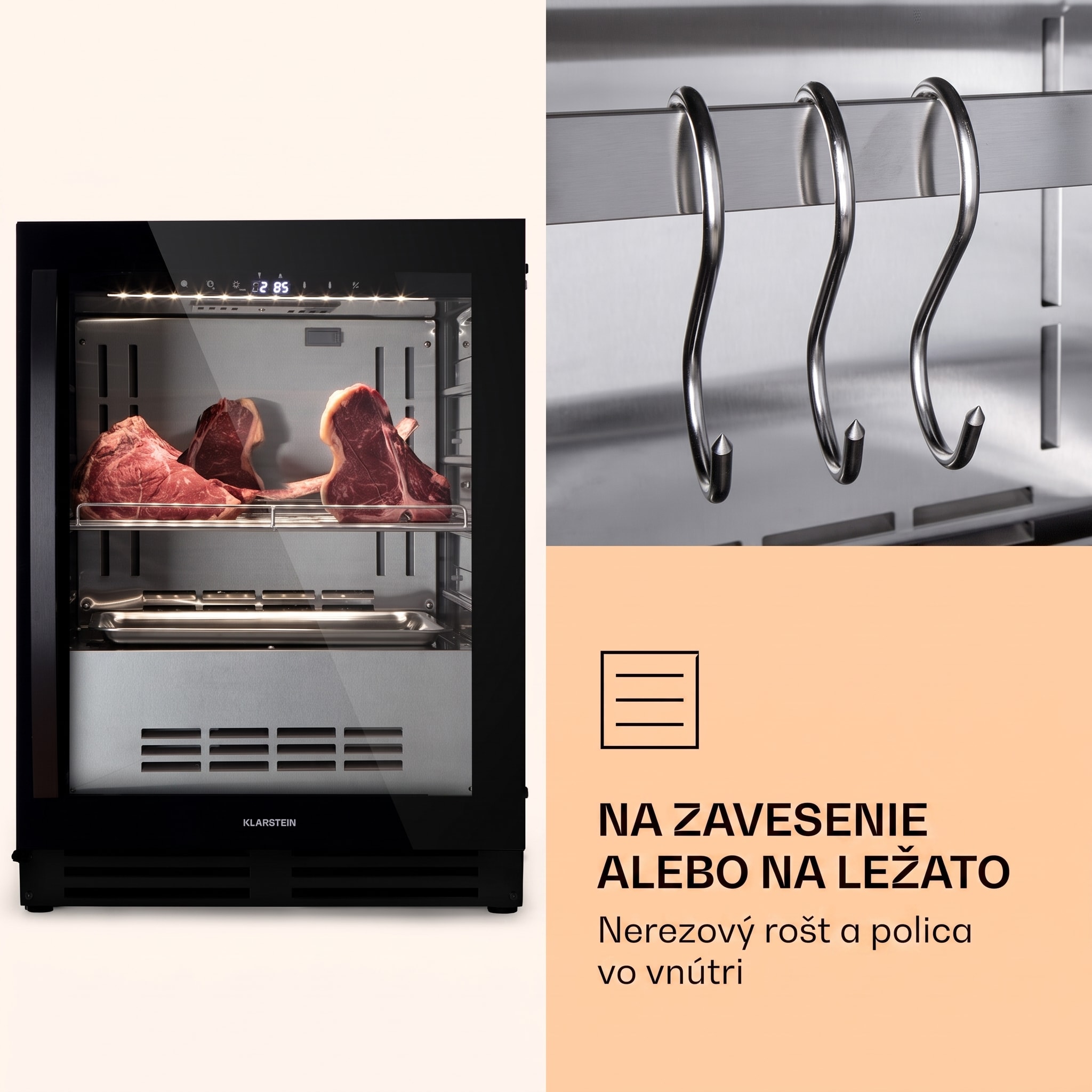 Klarstein Steakhouse Pro 98 Onyx, chladnička na zrenie mäsa, 1 zóna, 98 l, 1-25°C, dotykový displej, panoramatické okno – Obrázok 5