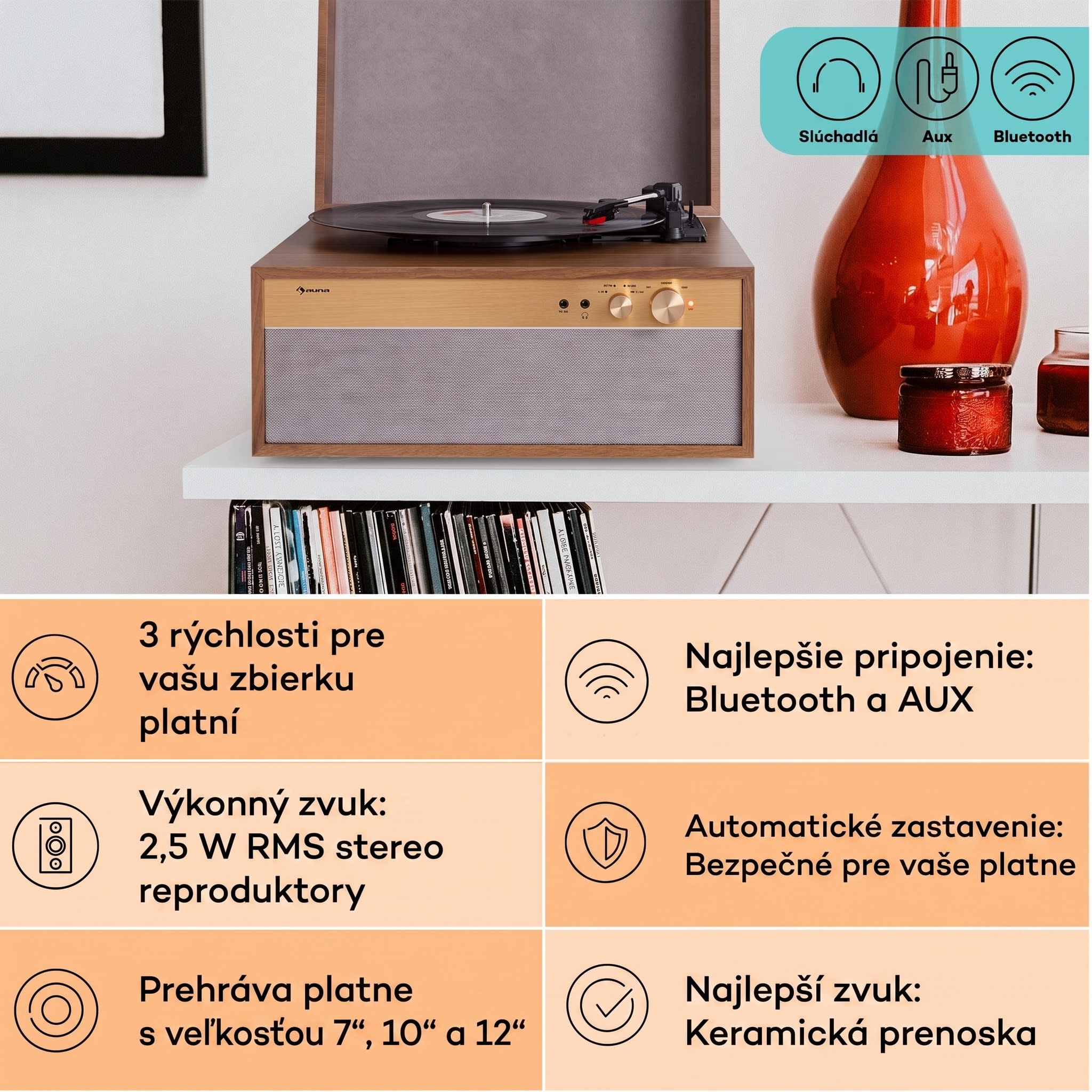Auna Berklee TT Case, gramofónový prehrávač, remeňový pohon, 33 1/3, 45 a 78 otáčok/minútu, stereo reproduktory – Obrázok 2