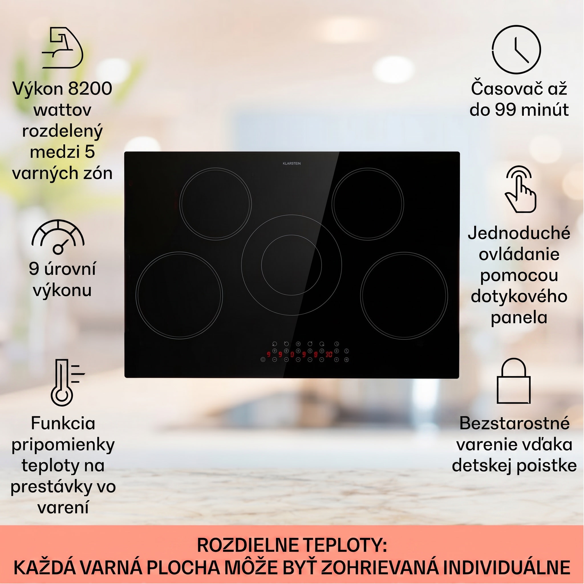 Klarstein Virtuosa 5, vstavaná varná doska, 5 zón, 8200W, sklokeramika – Obrázok 2