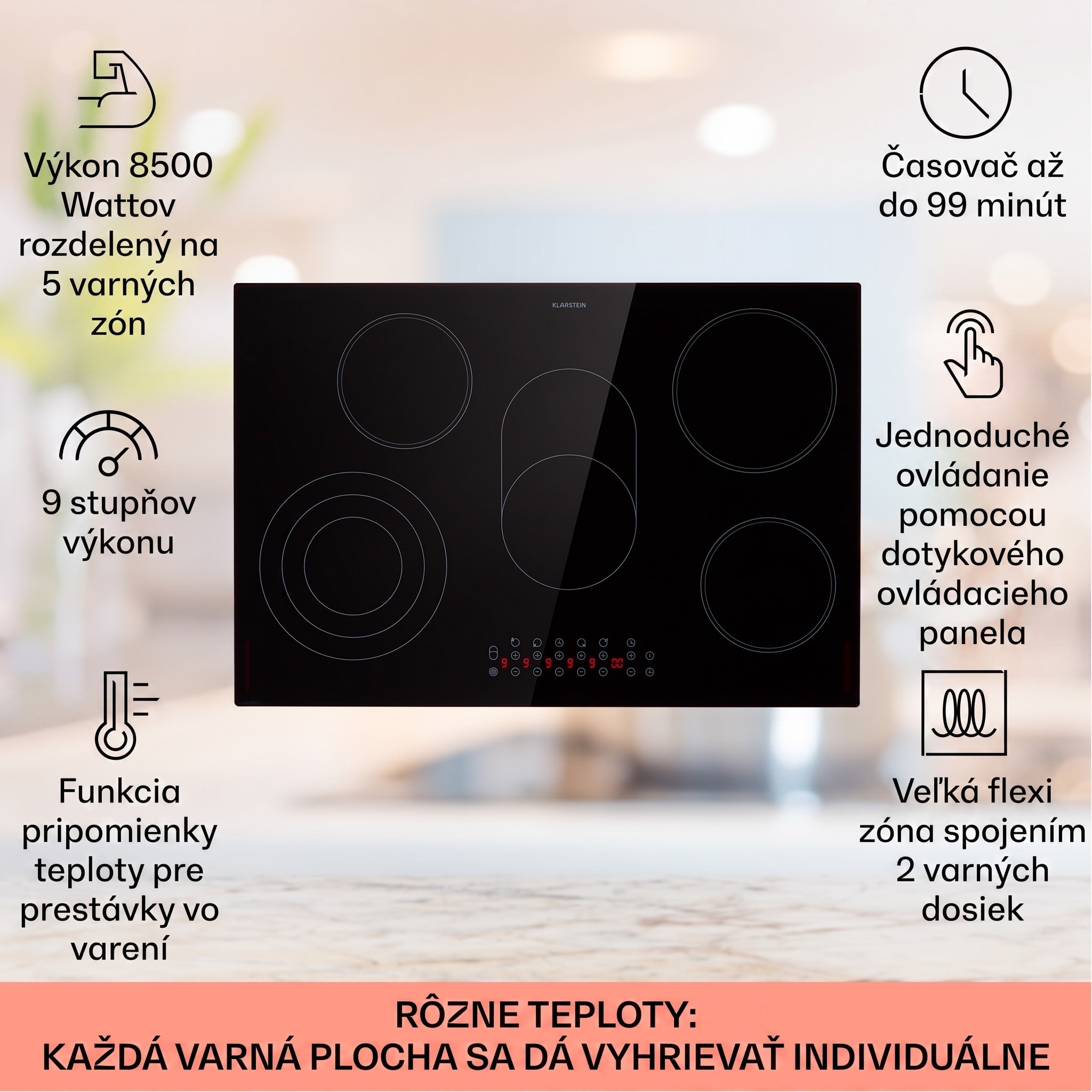Klarstein Virtuosa 5, vstavaná varná doska, 5 zón, 8500W, sklokeramika – Obrázok 2