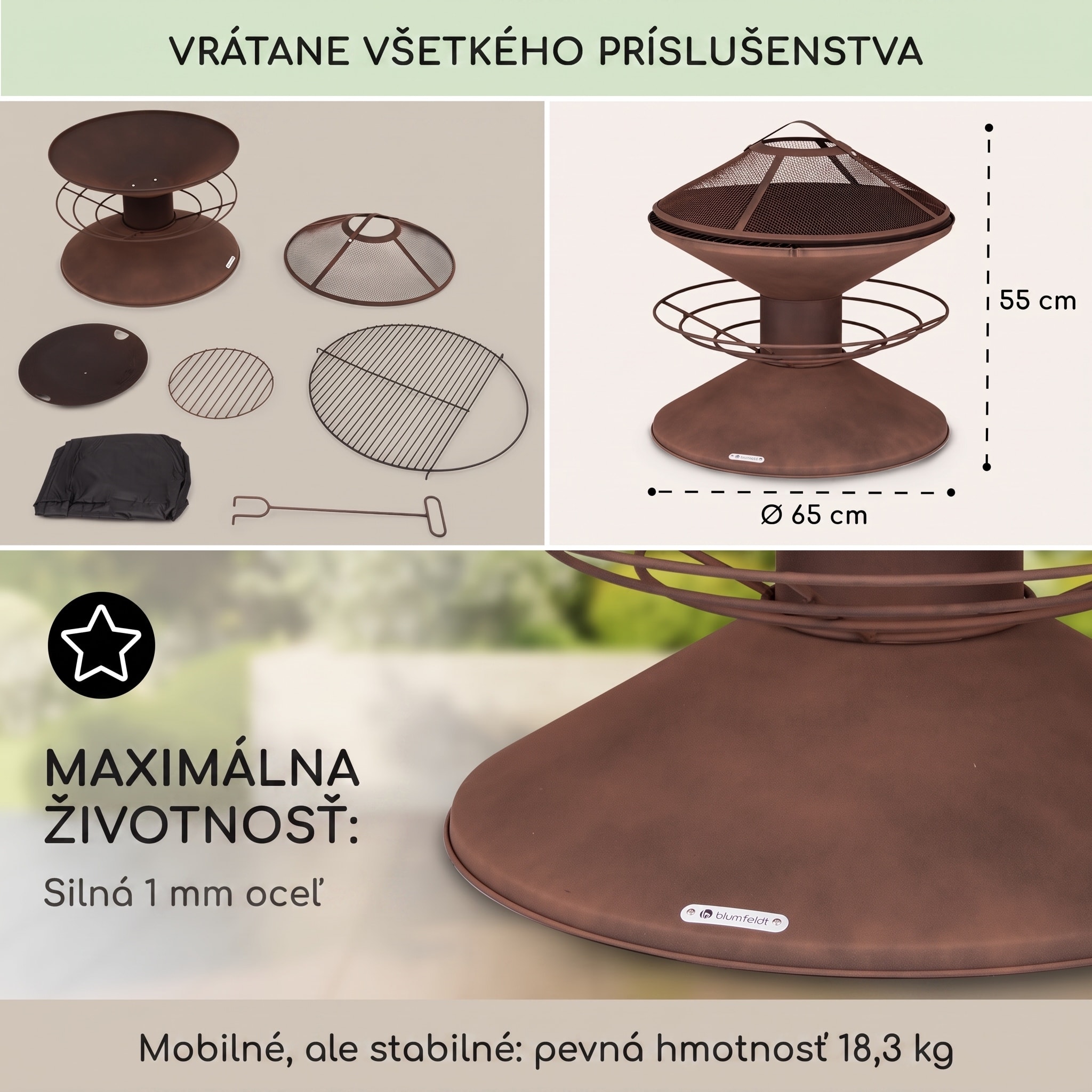 Blumfeldt Aguilera, ohnisko s grilom, Ø 65 cm, úložný priestor na drevo, oceľ – Obrázok 5