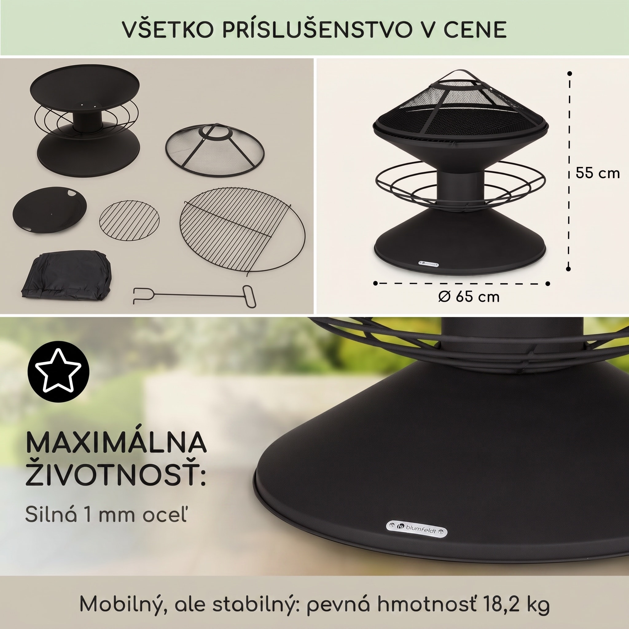 Blumfeldt Aguilera, ohnisko s grilom, Ø 65 cm, úložný priestor na drevo, oceľ – Obrázok 5