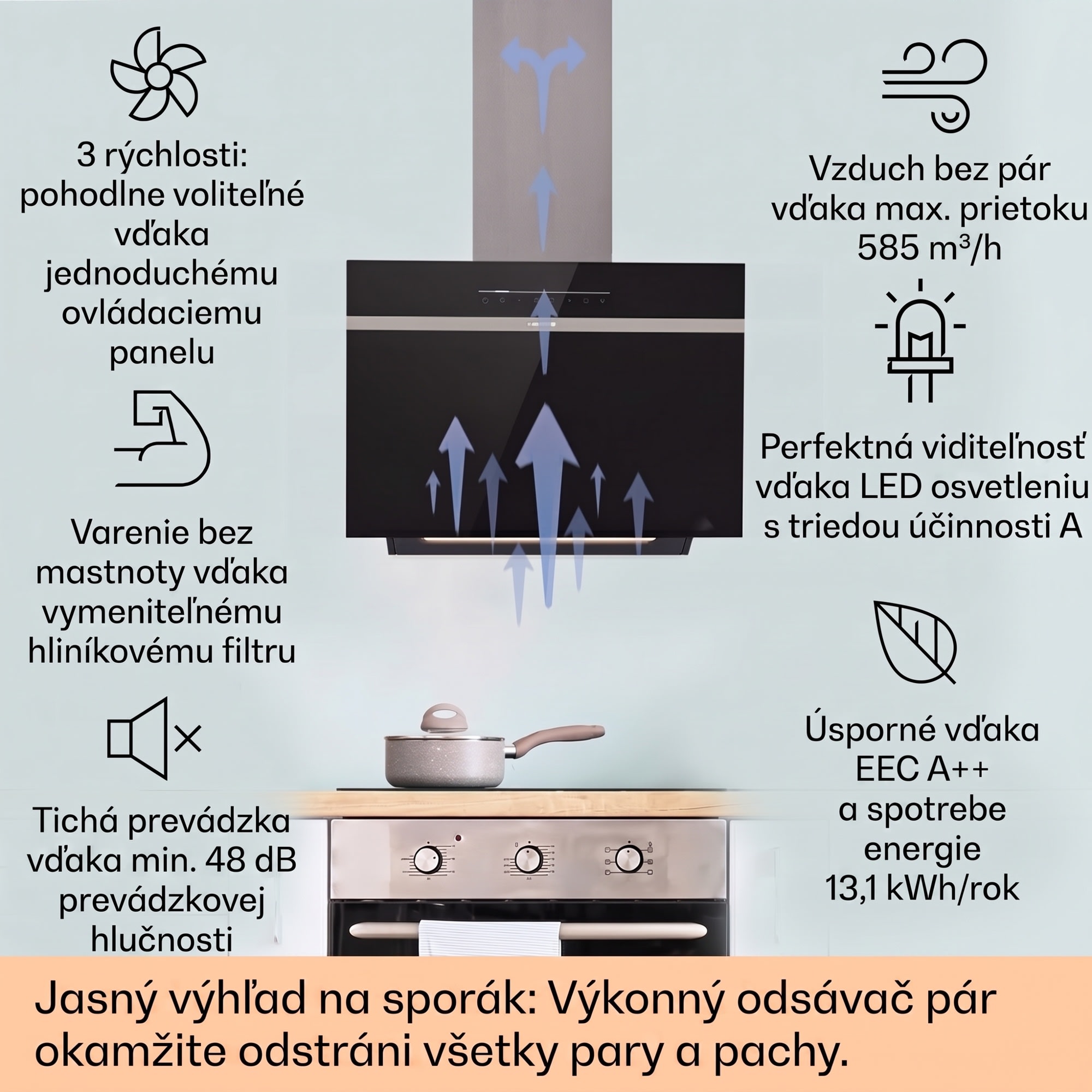 Klarstein Ava 60 Smart, digestor, 60cm, nástenný, WiFi, A++, 585 m³/h, dotykový displej – Obrázok 2