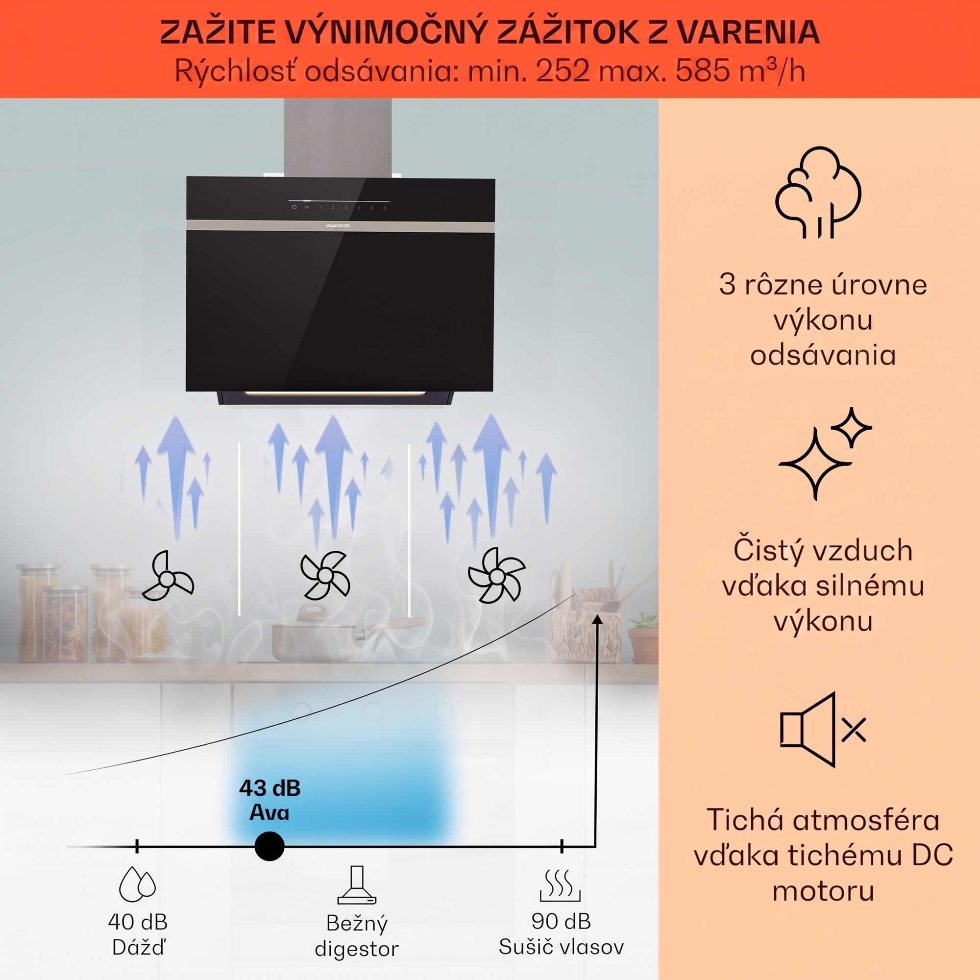Klarstein Ava 60 Smart, digestor, 60cm, nástenný, WiFi, A++, 585 m³/h, dotykový displej – Obrázok 3
