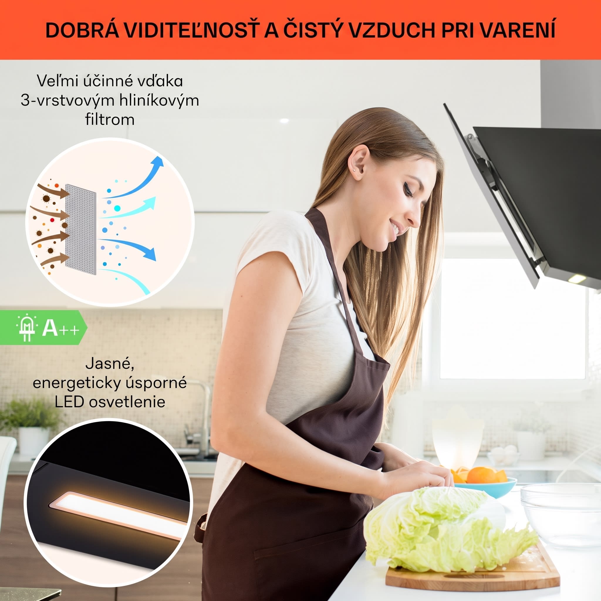 Klarstein Ava 60 Smart, digestor, 60cm, nástenný, WiFi, A++, 585 m³/h, dotykový displej – Obrázok 4