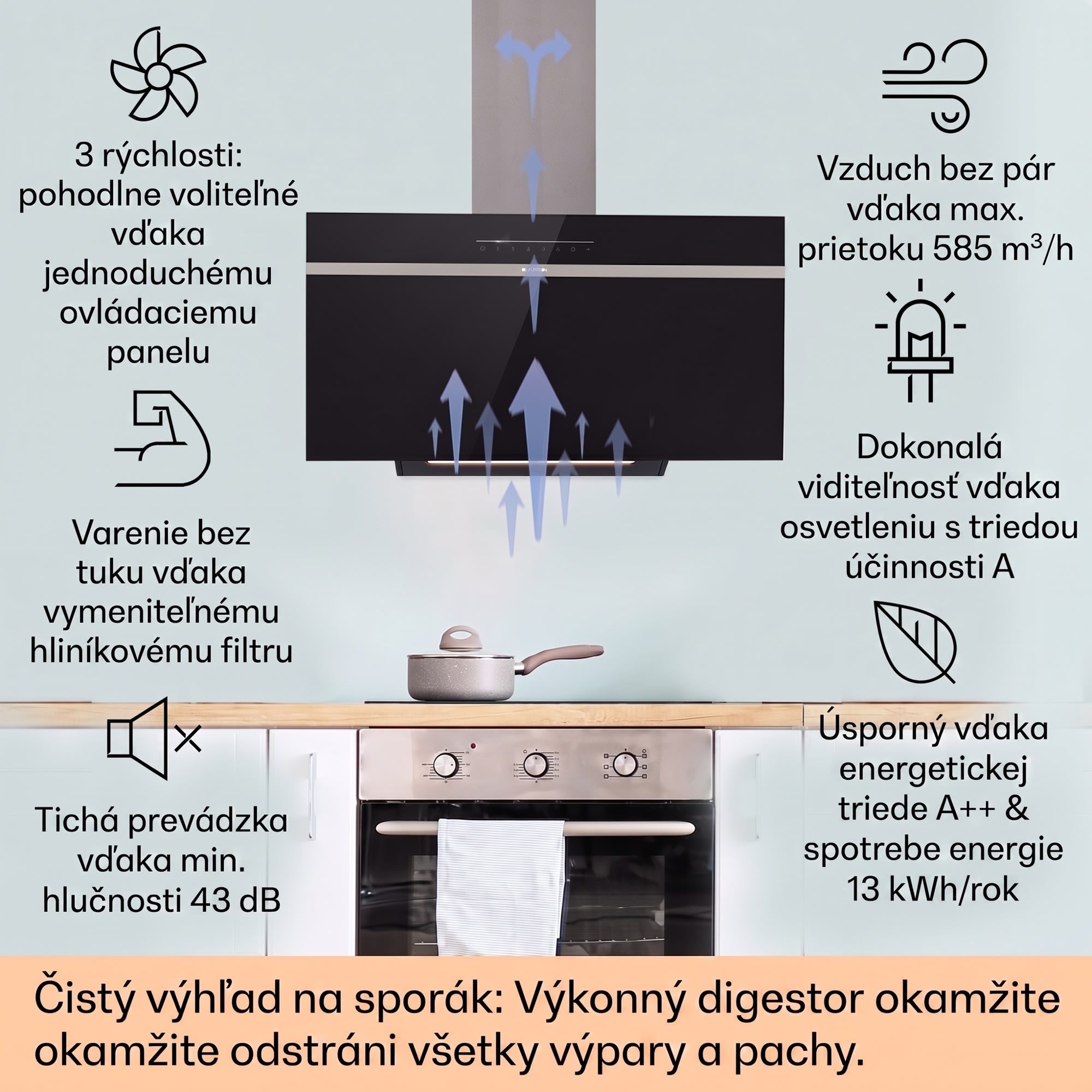 Klarstein Ava 90 Smart, digestor, 90 cm, nástenný, WiFi, A++, 585 m³/h, dotykový displej – Obrázok 2