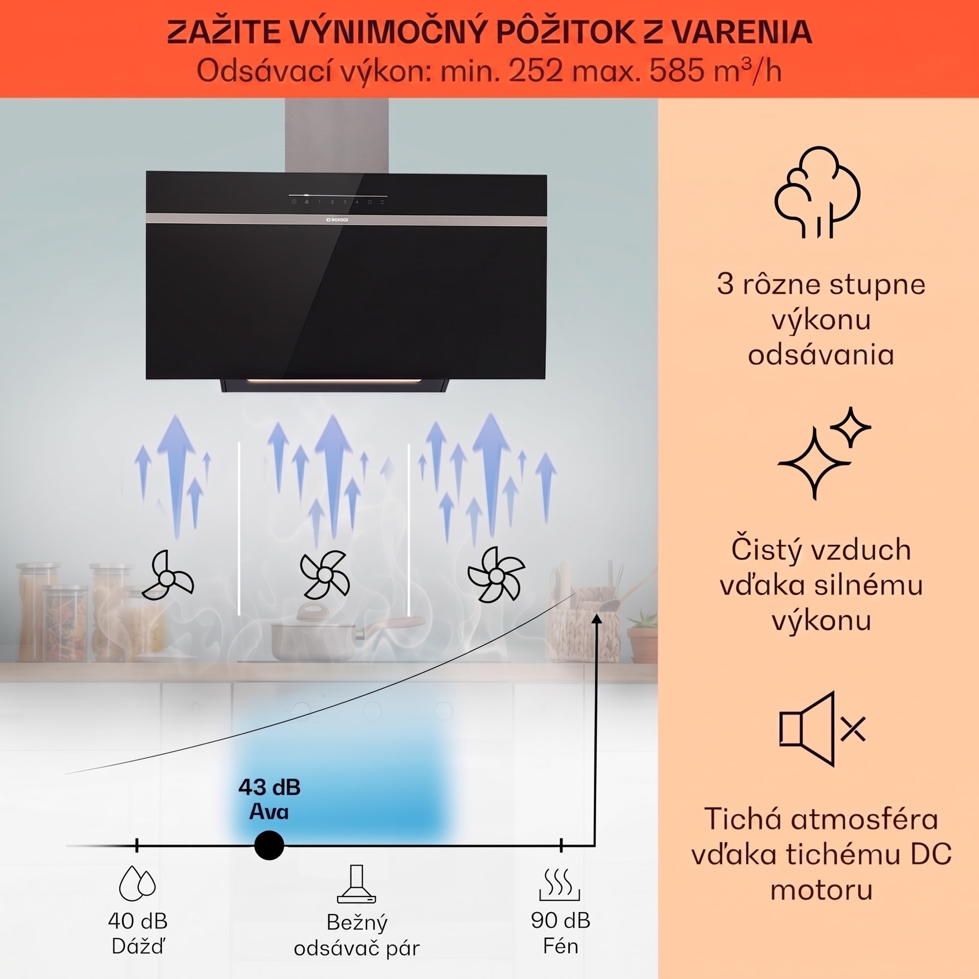 Klarstein Ava 90 Smart, digestor, 90 cm, nástenný, WiFi, A++, 585 m³/h, dotykový displej – Obrázok 3