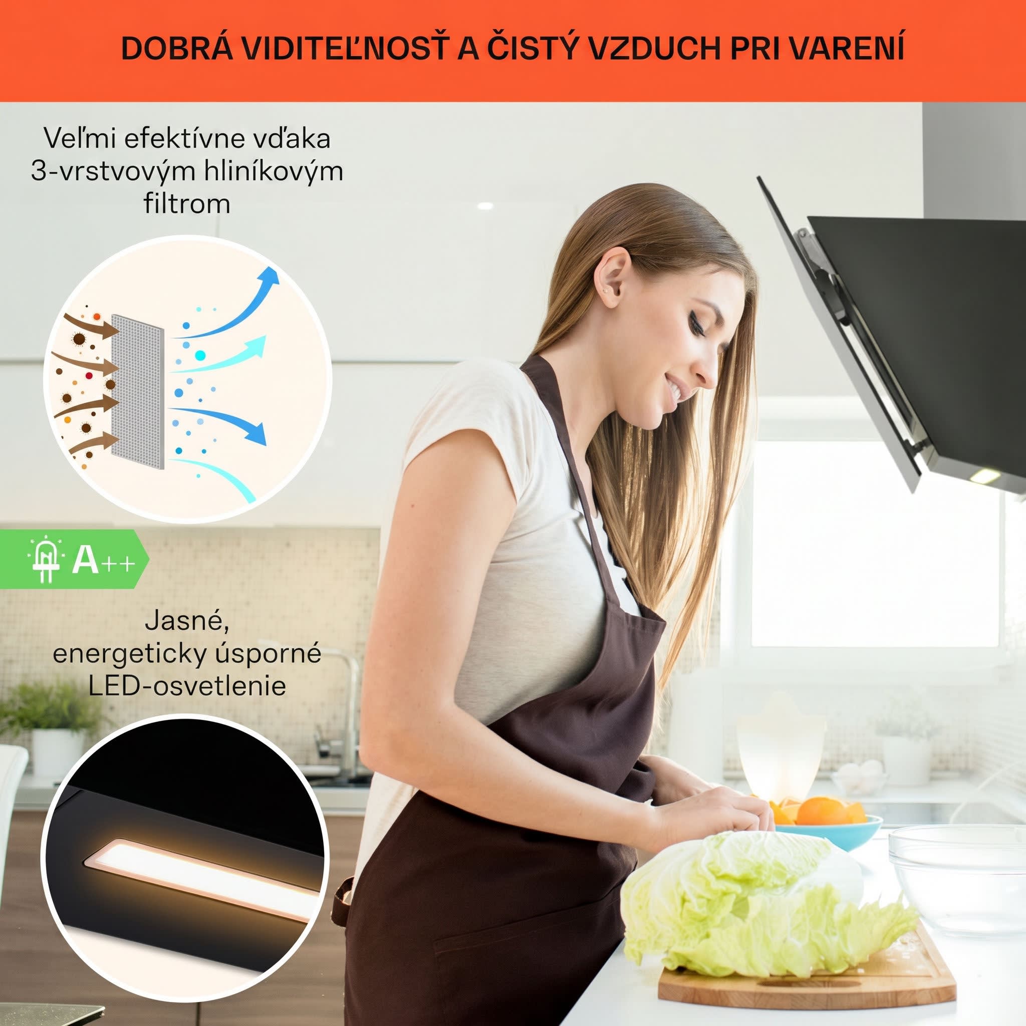 Klarstein Ava 90 Smart, digestor, 90 cm, nástenný, WiFi, A++, 585 m³/h, dotykový displej – Obrázok 4