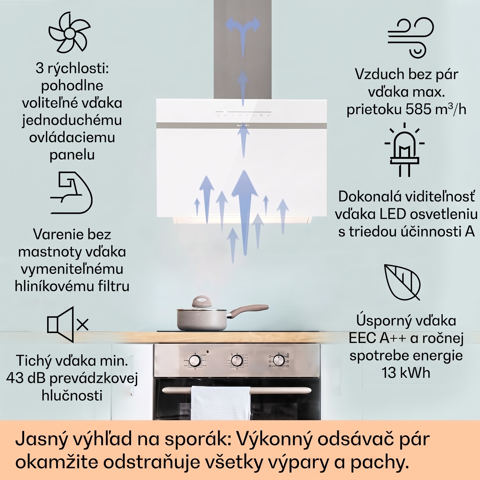 Klarstein Ava 60 Smart, digestor, 60cm, nástenný, WiFi, A++, 585 m³/h, dotykový displej – Obrázok 2