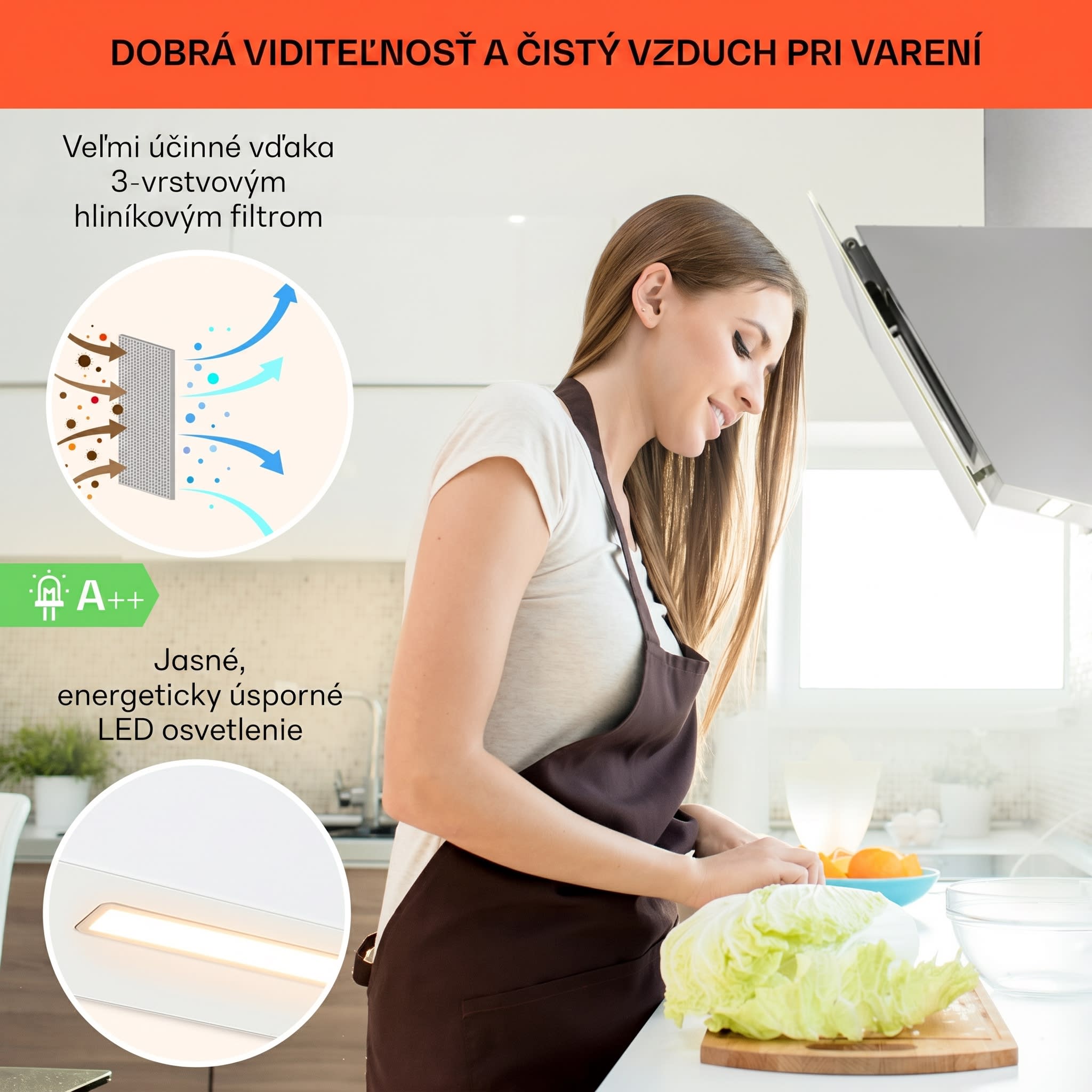 Klarstein Ava 60 Smart, digestor, 60cm, nástenný, WiFi, A++, 585 m³/h, dotykový displej – Obrázok 4