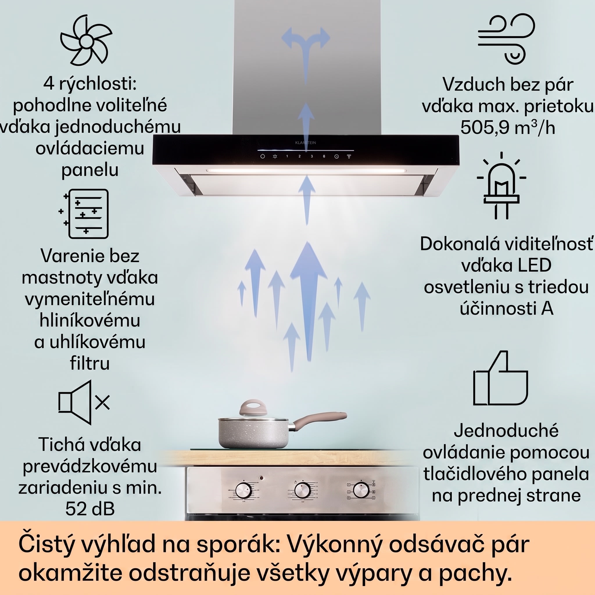 Klarstein Alinea 60 Smart, digestor, 60 cm, nástenný, WiFi, A++, 500 m³/h, dotykový displej – Obrázok 2