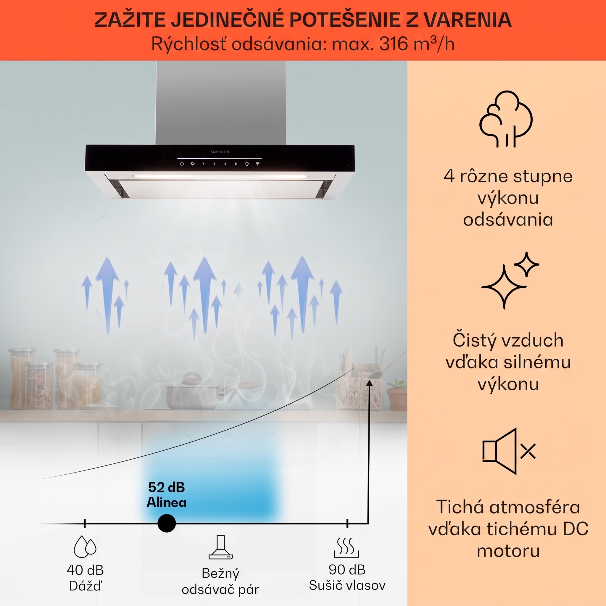 Klarstein Alinea 60 Smart, digestor, 60 cm, nástenný, WiFi, A++, 500 m³/h, dotykový displej – Obrázok 3