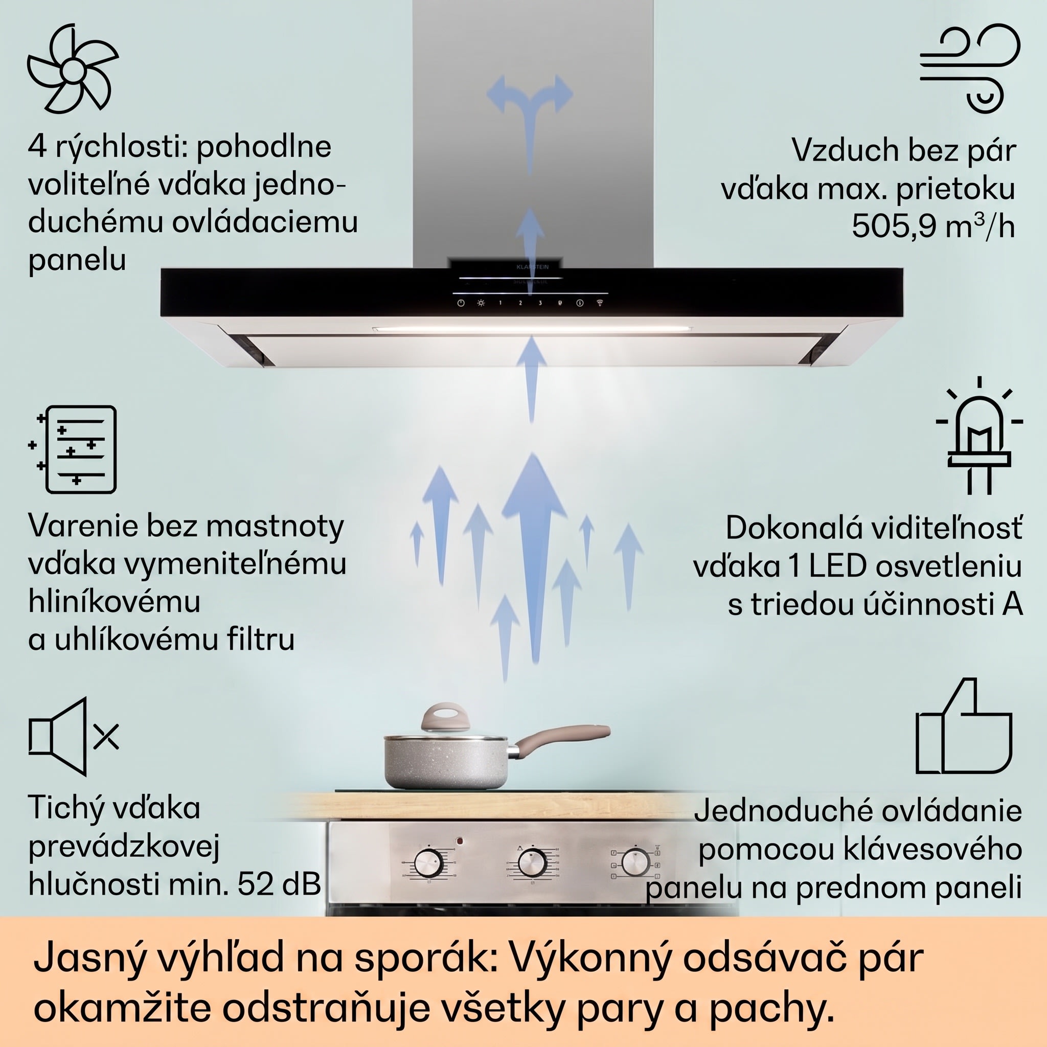 Klarstein Alinea 90 Smart, digestor, 90 cm, nástenný, WiFi, A++, 500 m³/h, dotykový displej – Obrázok 2