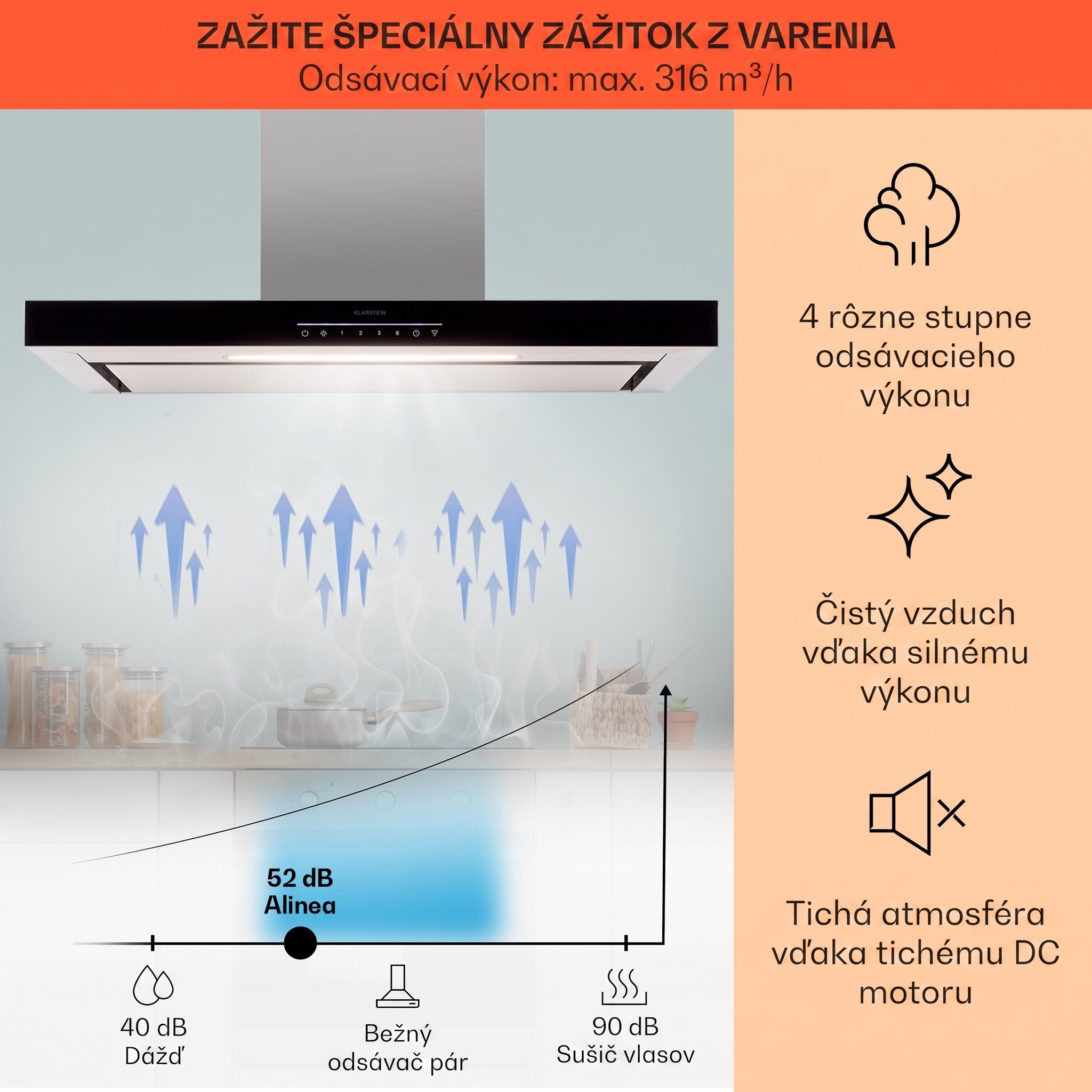 Klarstein Alinea 90 Smart, digestor, 90 cm, nástenný, WiFi, A++, 500 m³/h, dotykový displej – Obrázok 3