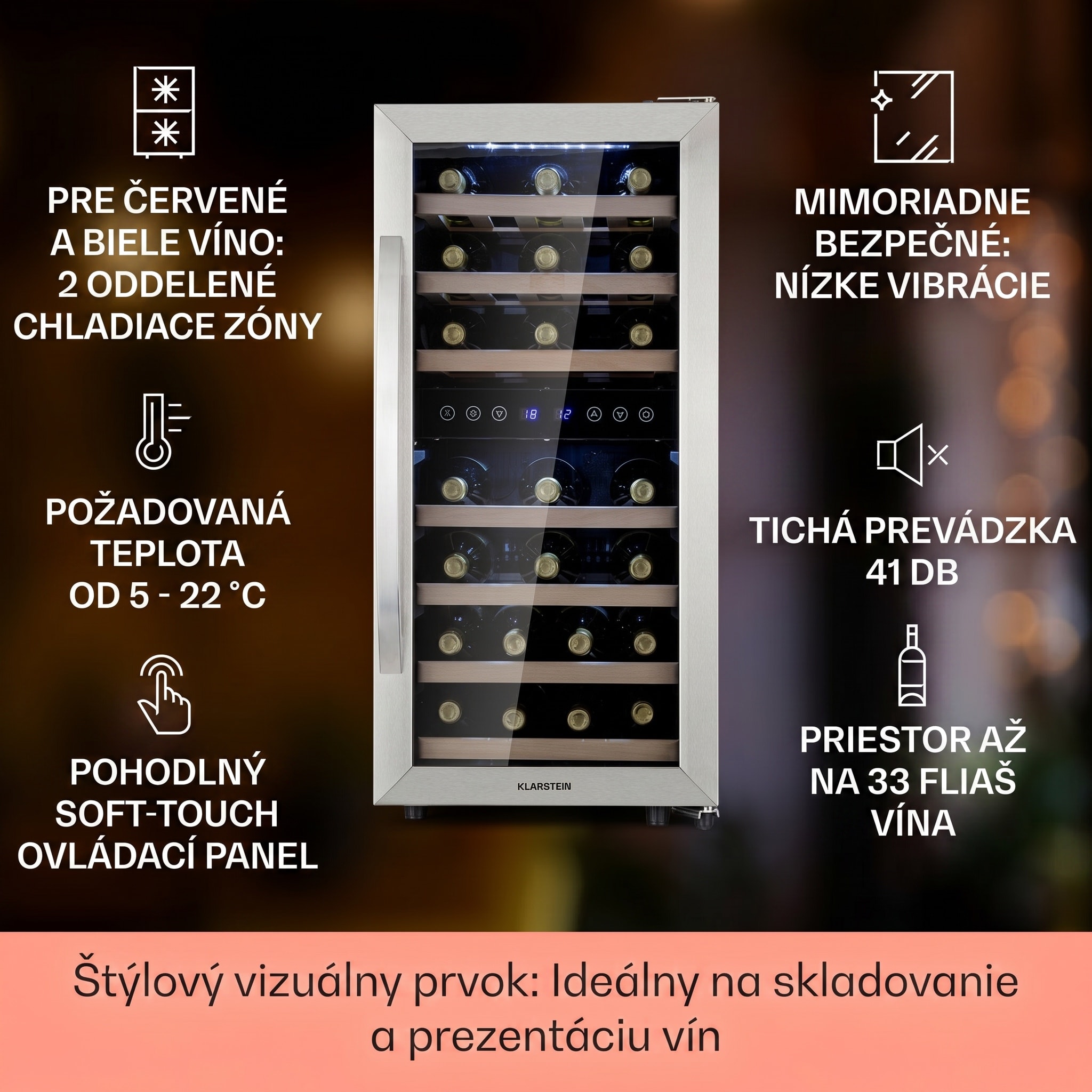 Klarstein Vinamour 33 Duo vinotéka 2 zóny 89 l / 33 fliaš 5-18°C dotykový ovládanie – Obrázok 2