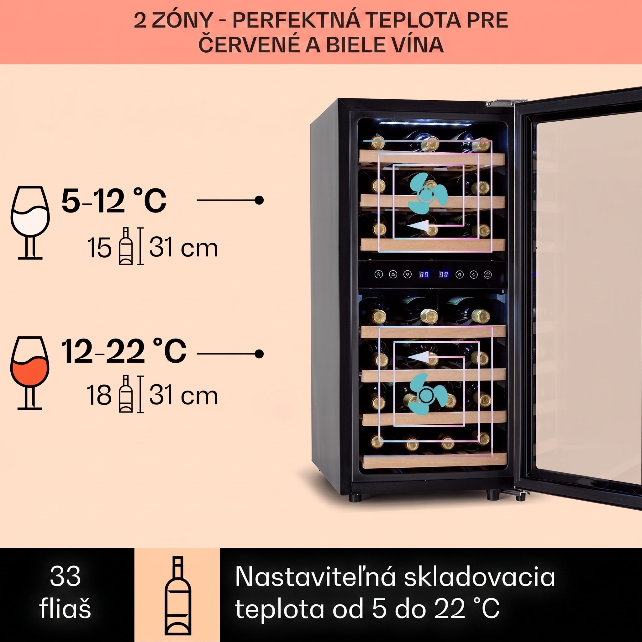 Klarstein Vinamour 33 Duo vinotéka 2 zóny 89 l / 33 fliaš 5-18°C dotykový ovládanie – Obrázok 3