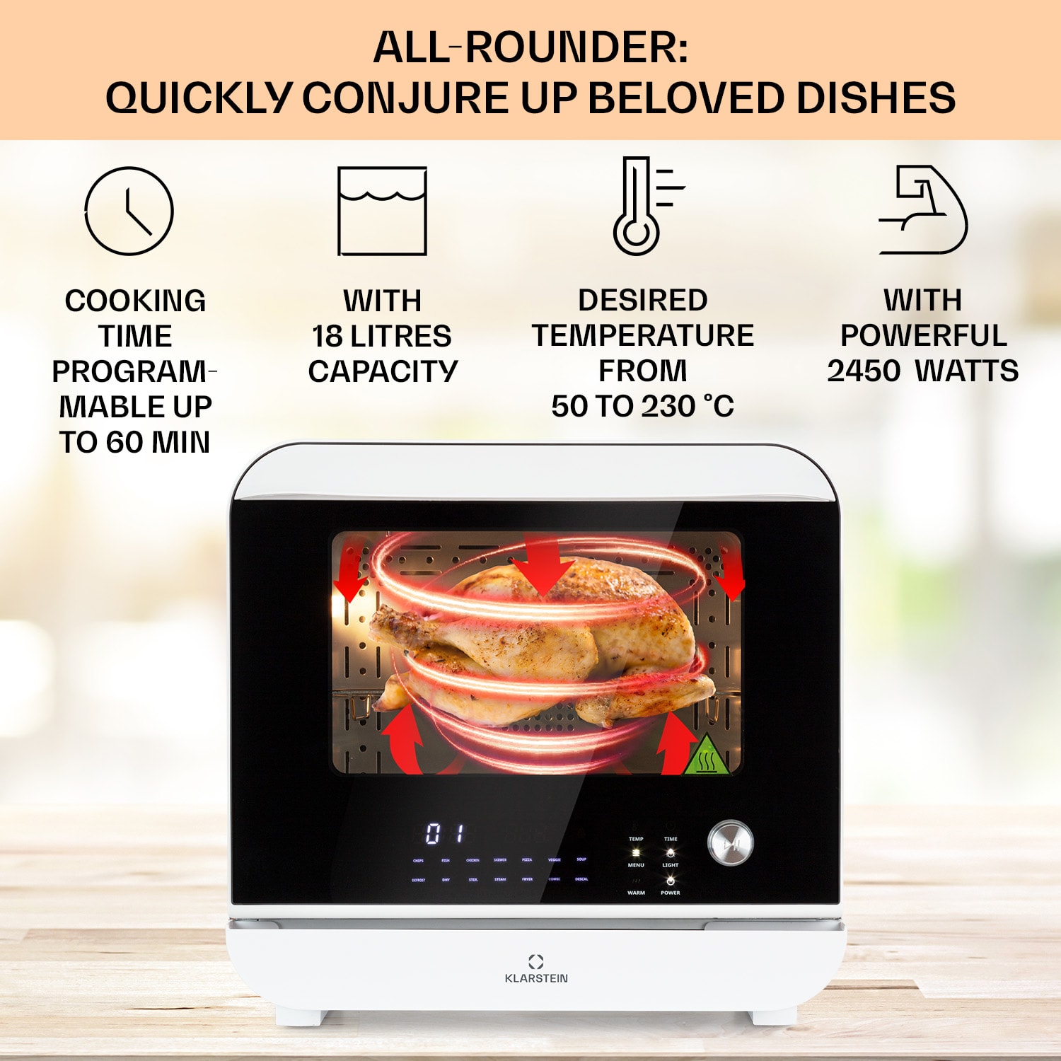 Klarstein Vita Pro, teplovzdušná fritéza s varením v pare, 2450 W, 18 l, 14 programov, 800 ml nádrž na vodu – Obrázok 3