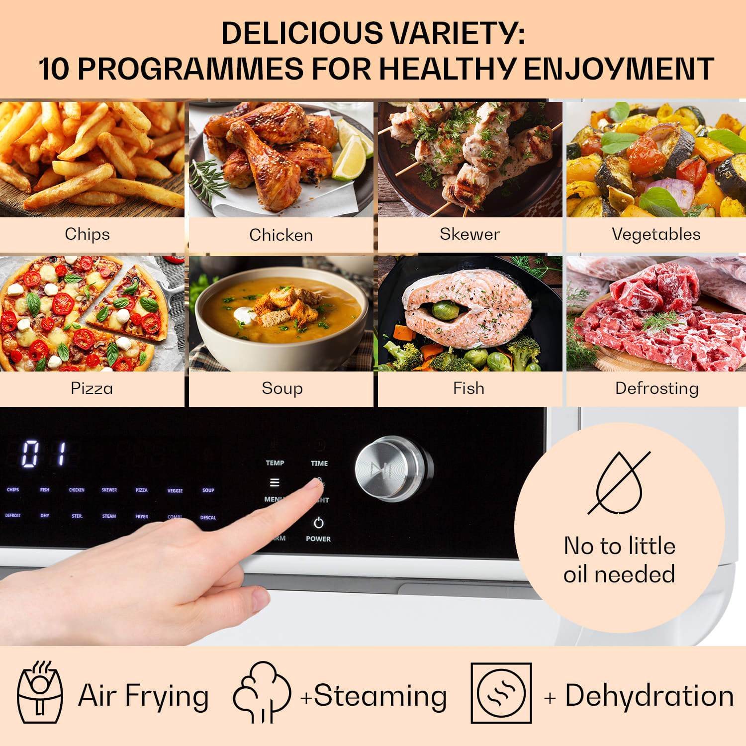 Klarstein Vita Pro, teplovzdušná fritéza s varením v pare, 2450 W, 18 l, 14 programov, 800 ml nádrž na vodu – Obrázok 4
